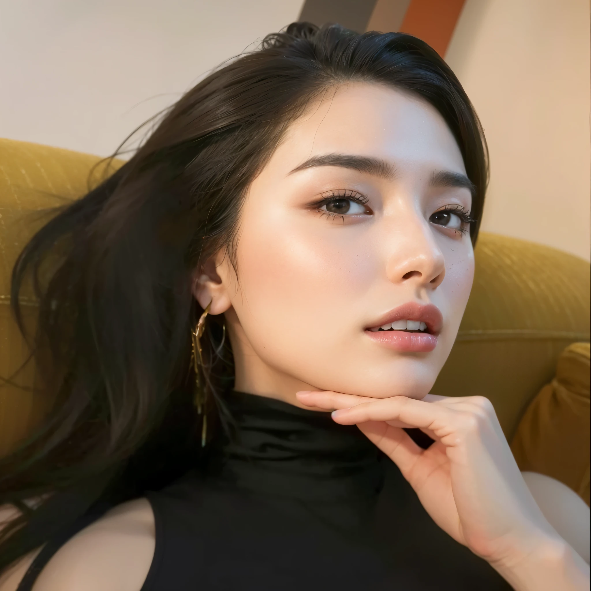 There is a woman who is sitting on a sofa with her hand on her chin, hermosa mujer surcoreana, hermosa joven coreana, preciosa modelo china, dilraba dilmurat, hermosa joven coreana, cindy avelino, Hye Kyo song, actriz femenina de corea, pale skin persian girl, 28 years old, 8k selfie photography