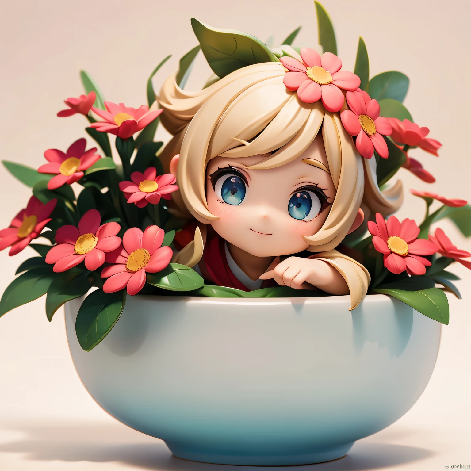 masterpiece, best quality, 1 girl, Bourdenko, a flowerpot, small smile, colorful background, flower, dynamic color,