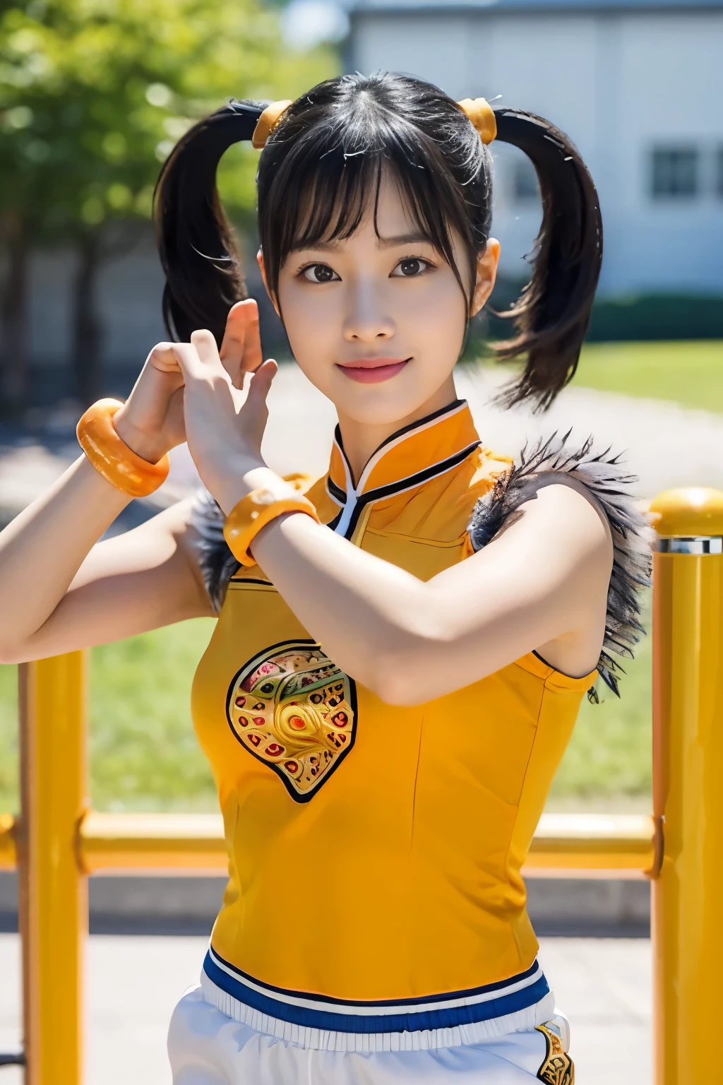 (masterpiece, highest quality:1.2), alone, 1 girl, Upper body,Lin Xiaoyu, slight smile, combat readiness, twin tails, Chinese service, Orange Cheongsam, white shorts, No sleeve, jewelry, bracelet,schoolyard,playground,courtyard