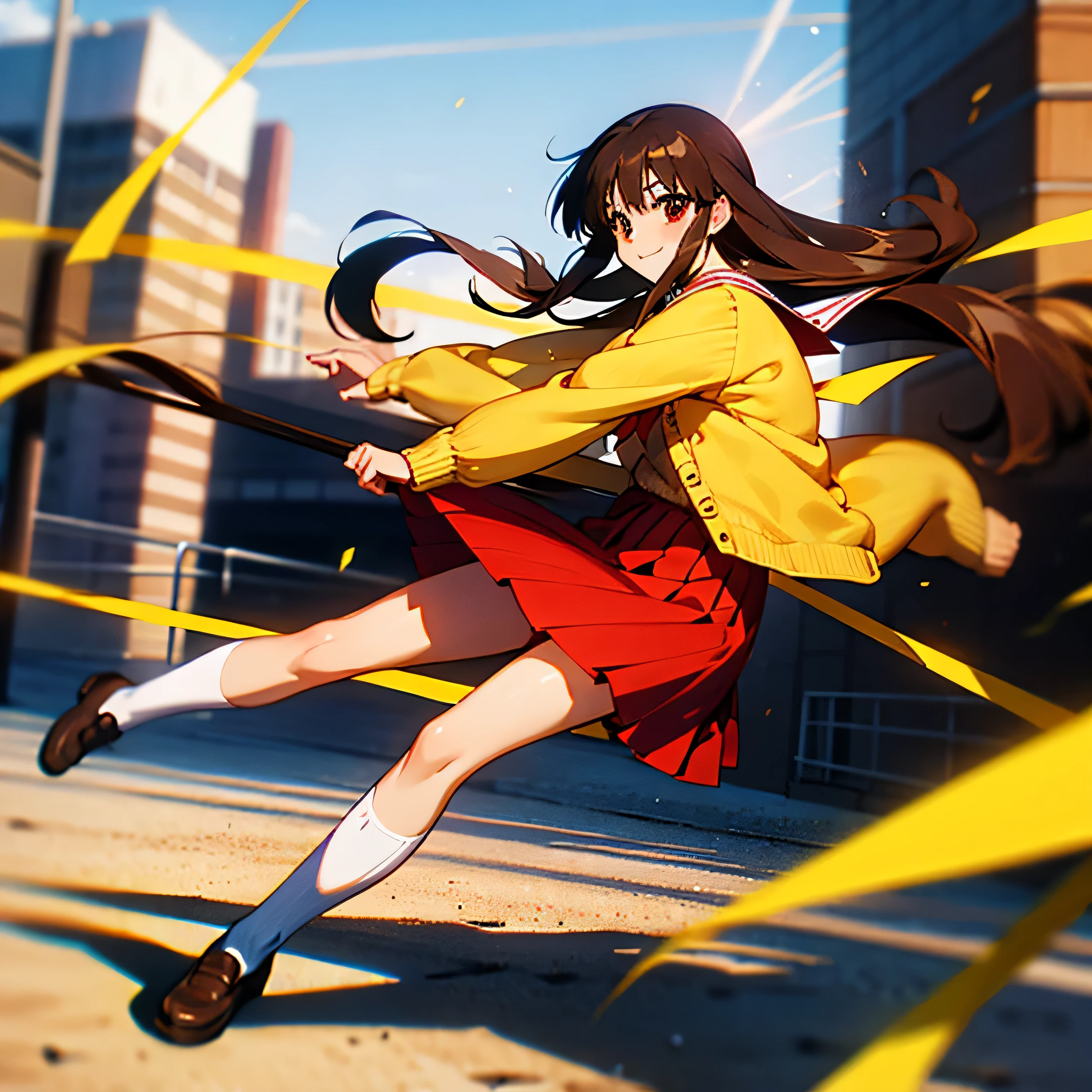 1girl, best quality, nagamori mizuka, ONE kagayaku kisetsu he, red eyes, long hair, light brown hair, yellow tape behind hair, school uniform, red skirt, knee length skirt, white socks, brown shoes, white shirt with a red bow, sand colored cardigan sweater, smiling, full body, outdoors, spring, city