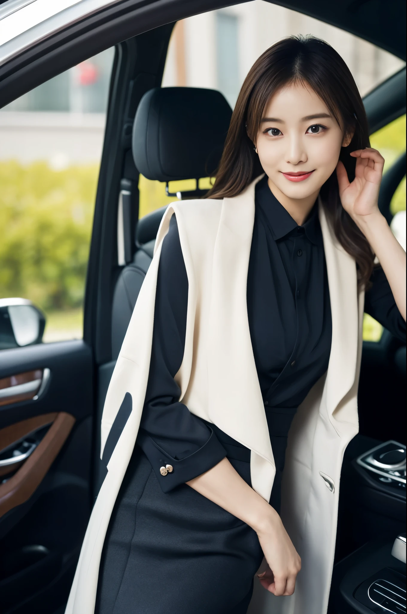 1 girl, (dark suit、Tight Skirt、long coat、high heels:1.2), beautiful japanese actress, (RAW photo, highest quality), (realistic, Photoreal:1.4), masterpiece, very delicate and beautiful, very detailed, 2k wallpaper, wonderful, finely, very detailed CG Unity 8K 壁紙, Super detailed, High resolution, soft light, beautiful detailed girl, very detailed目と顔, beautifully detailed nose, beautiful and detailed eyes, cinematic lighting、inside the car、While driving、Working、perfect anatomy, slender body, smile