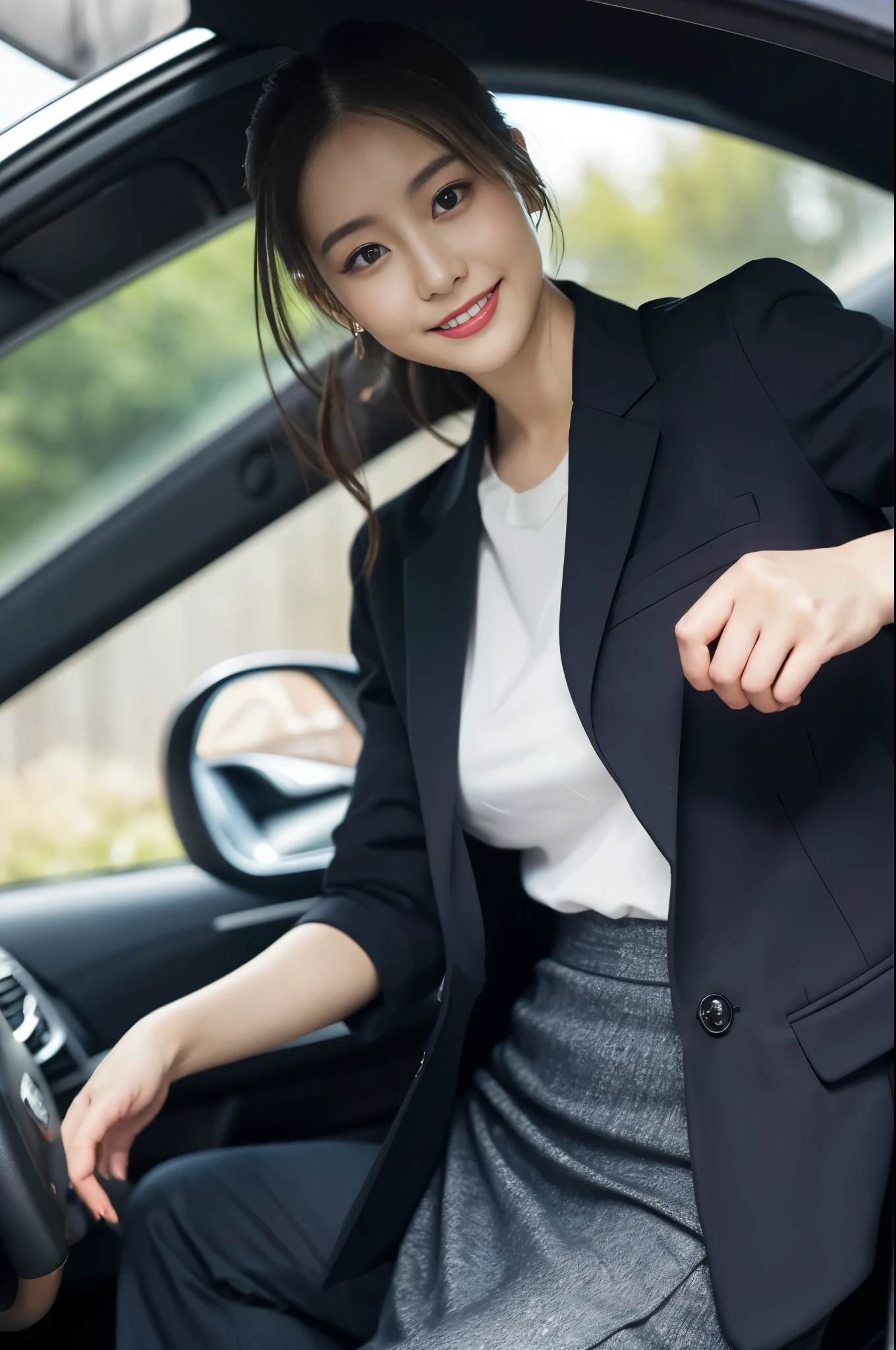 1 girl, (dark suit、Tight Skirt、long coat、high heels:1.2), beautiful japanese actress, (RAW photo, highest quality), (realistic, Photoreal:1.4), masterpiece, very delicate and beautiful, very detailed, 2k wallpaper, wonderful, finely, very detailed CG Unity 8K 壁紙, Super detailed, High resolution, soft light, beautiful detailed girl, very detailed目と顔, beautifully detailed nose, beautiful and detailed eyes, cinematic lighting、inside the car、While driving、Working、perfect anatomy, slender body, smile