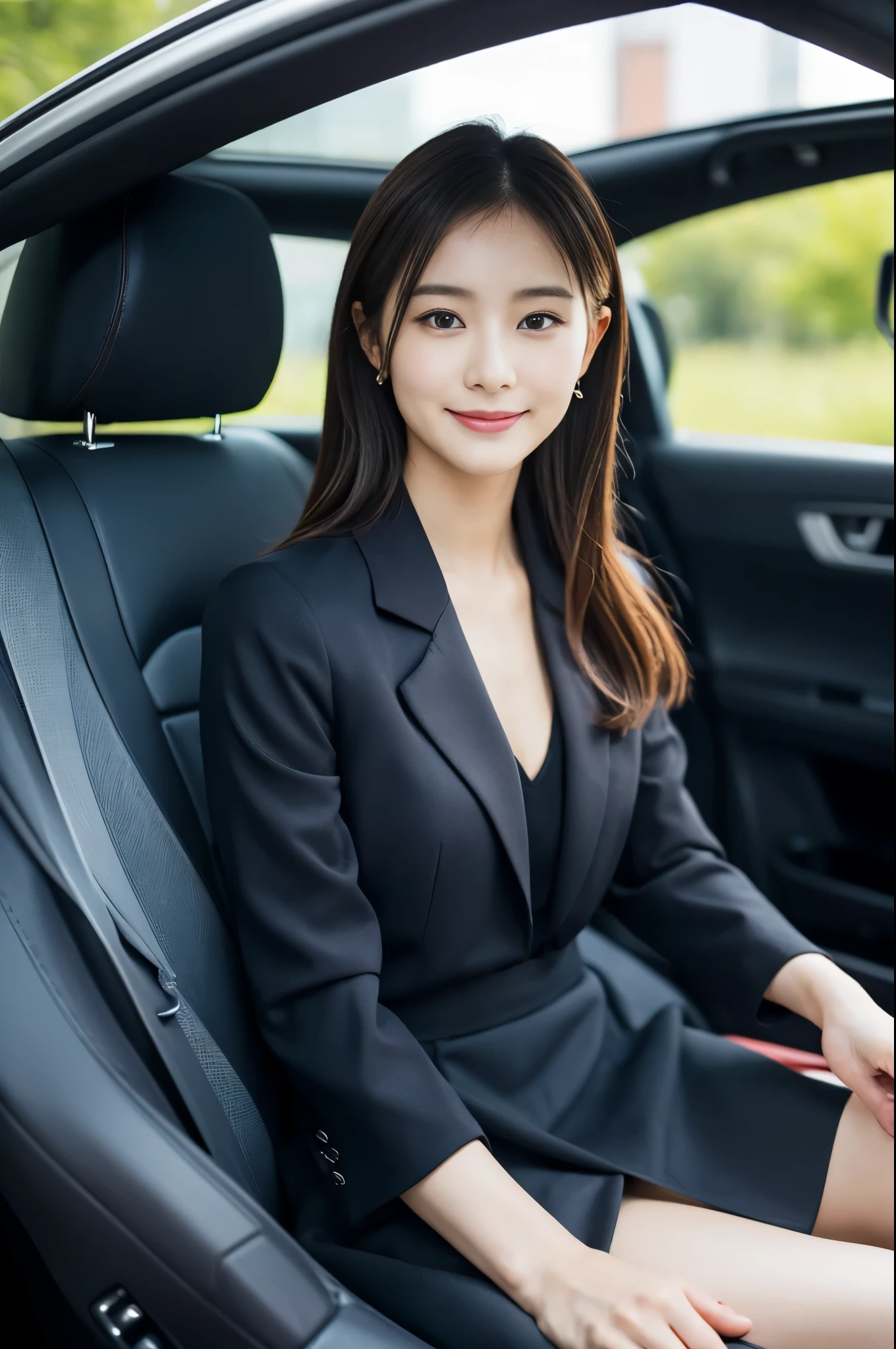1 girl, (dark suit、Tight Skirt、long coat、high heels:1.2), beautiful japanese actress, (RAW photo, highest quality), (realistic, Photoreal:1.4), masterpiece, very delicate and beautiful, very detailed, 2k wallpaper, wonderful, finely, very detailed CG Unity 8K 壁紙, Super detailed, High resolution, soft light, beautiful detailed girl, very detailed目と顔, beautifully detailed nose, beautiful and detailed eyes, cinematic lighting、inside the car、While driving、Working、perfect anatomy, slender body, smile