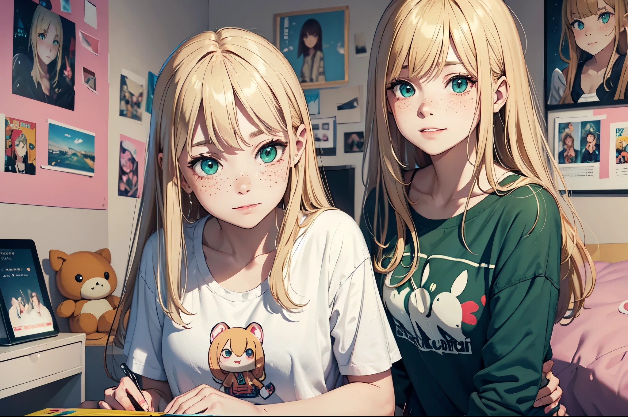 ((best quality)), ((masterpiece)), (detailed), evil smile, perfect face, blonde straight hair, bangs, green eyes, freckles, blush, cute casual clothing,
on a girl's bedroom, plushies, colorful walls, pictures, lots of posters hanging on walls, on a bed,