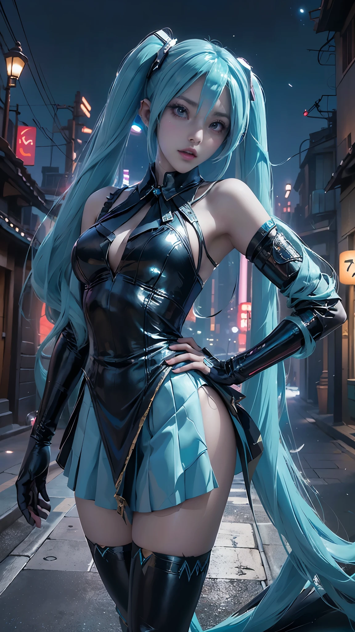 (La mejor calidad,A high resolution,Ultra - detallado,actual),Ariana Grande, chica anime cosplay, anime cosplay, (Hatsune MikuCosplay:1.4) , foto de cosplay, dos colas blancas_guantes, cosplay, lindo anime waifu con un bonito vestido, chica anime con pelo largo, Diosa del anime, cosplay elegante y glamoroso, chica anime disfrazada de sirvientaMore detailed 8K.motor irreal:1.4,UHD,La mejor calidad:1.4, fotorrealista:1.4, textura de la piel:1.4, obra maestra:1.8,obra-prima, mejor calidad,objeto Objeto], (detailed face features:1.3),(Las proporciones correctas),(Ojos hermosos azules),  (pose vaquero), ,( ciberpunk 2.1), (background alley city tokyo night :1.4),( dedos detailed:1.4),( perfect anatomy), (vestuario kawaii :1.4) 