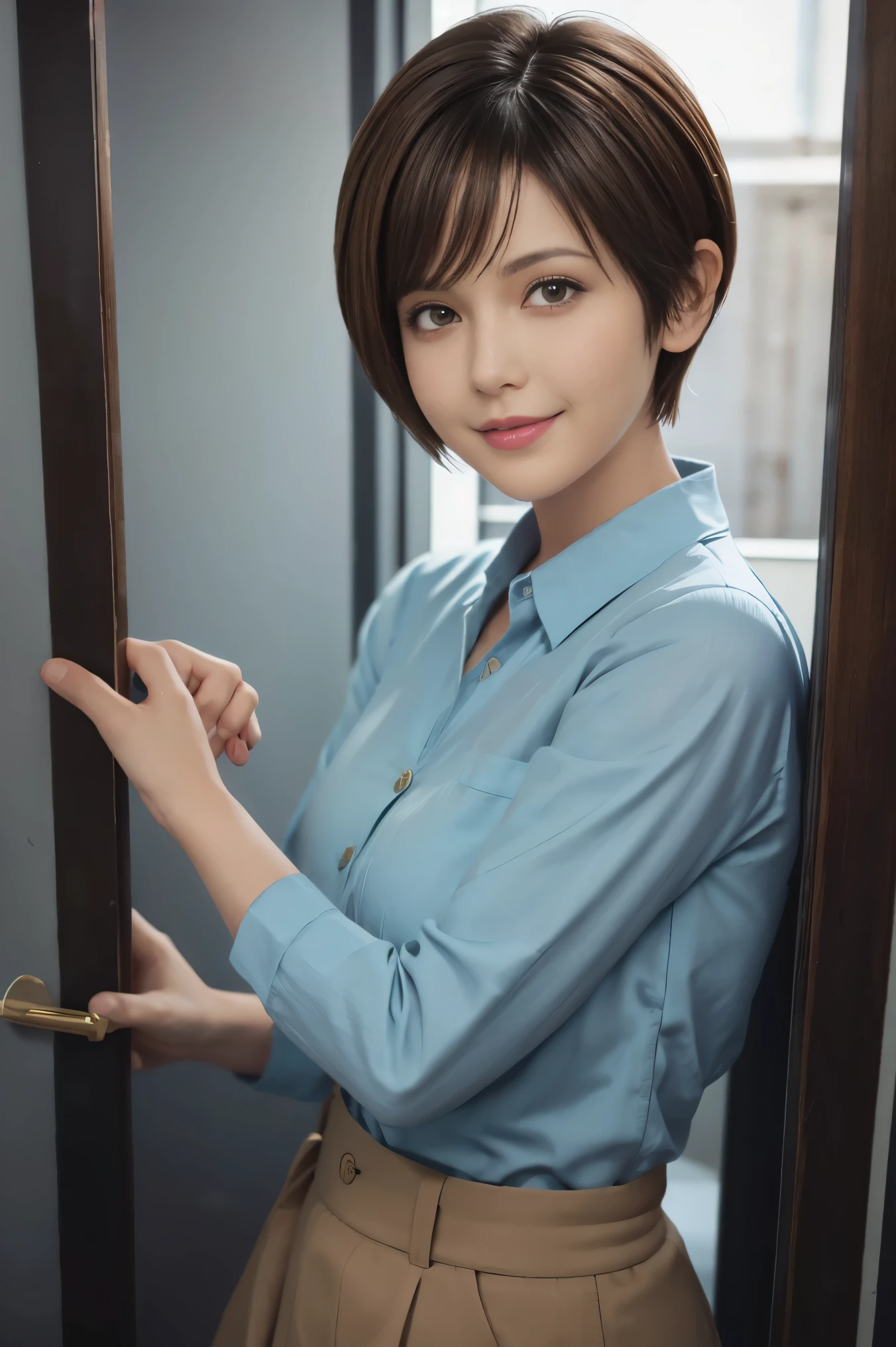 Pixie cut as short hair.brown hair and smile Pixie cut short hair