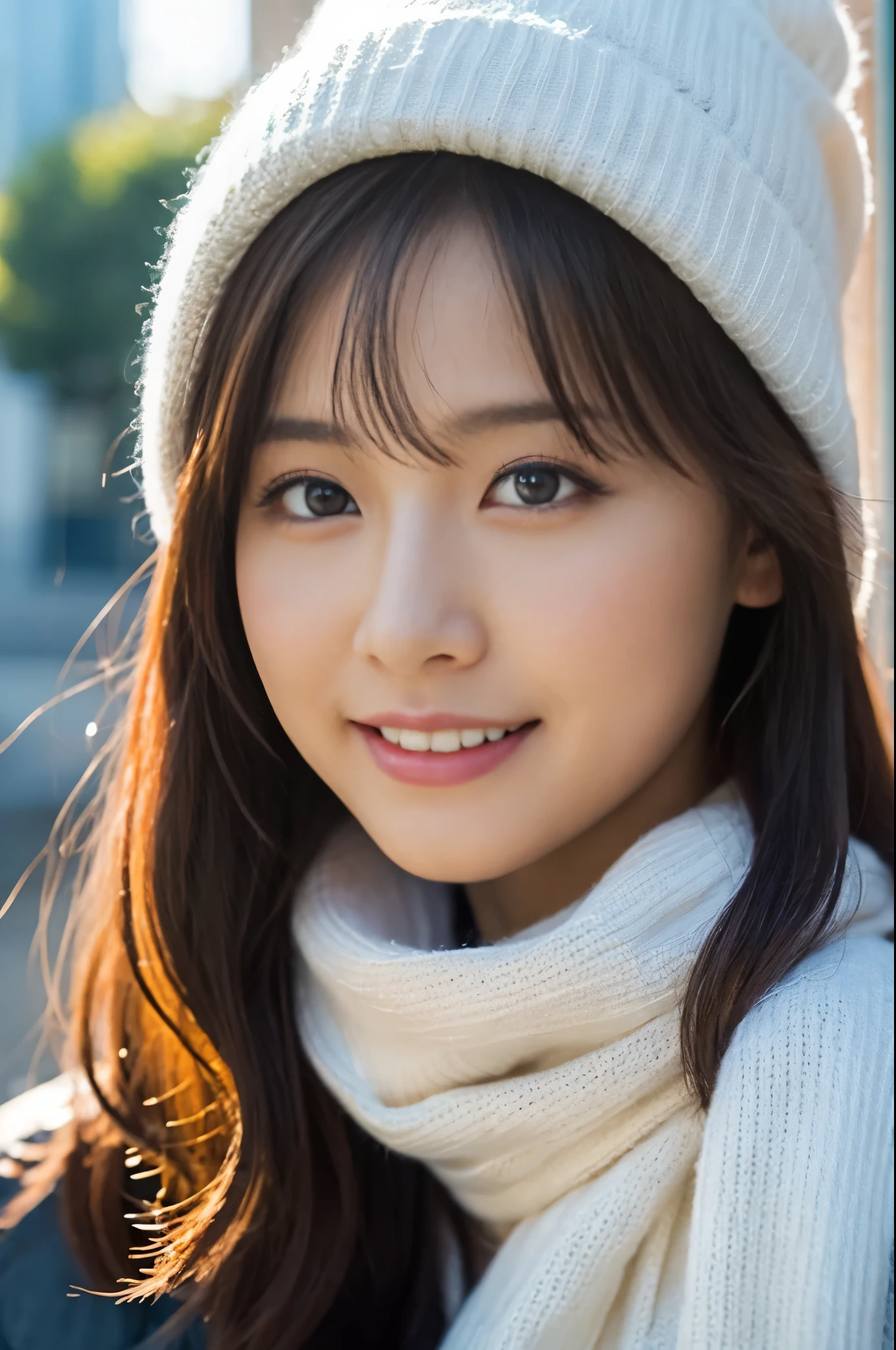 1 girl, (Down jacket、Scarf、knit hat:1.2), beautiful japanese actress, (RAW photo, highest quality), (realistic, Photoreal:1.4), masterpiece, very delicate and beautiful, very detailed, 2k wallpaper, wonderful, finely, very detailed CG Unity 8K 壁紙, Super detailed, High resolution, soft light, beautiful detailed girl, very detailed目と顔, beautifully detailed nose, beautiful and detailed eyes, cinematic lighting,Morning park background、whole body、kirt lift, city lights, perfect anatomy, slender body, smile