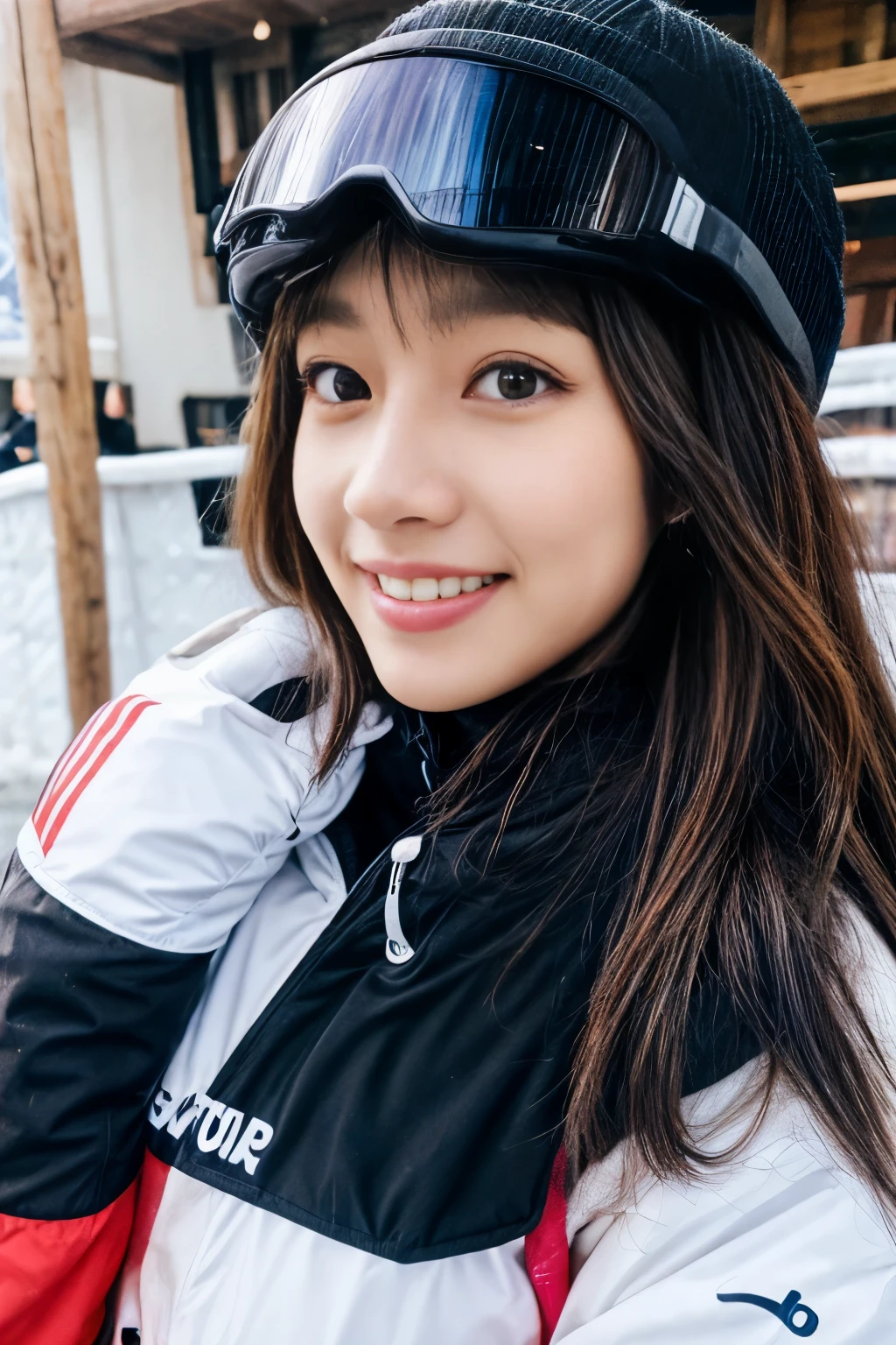 masterpiece、4k、highest quality、beautiful korean woman、Detailed description、1 girl、23 years old、(ski wear)、(to ski:1.1)、(movie, Ilford HP5, 80mm)、 Depth of the bounds written、cowboy shot、smile
