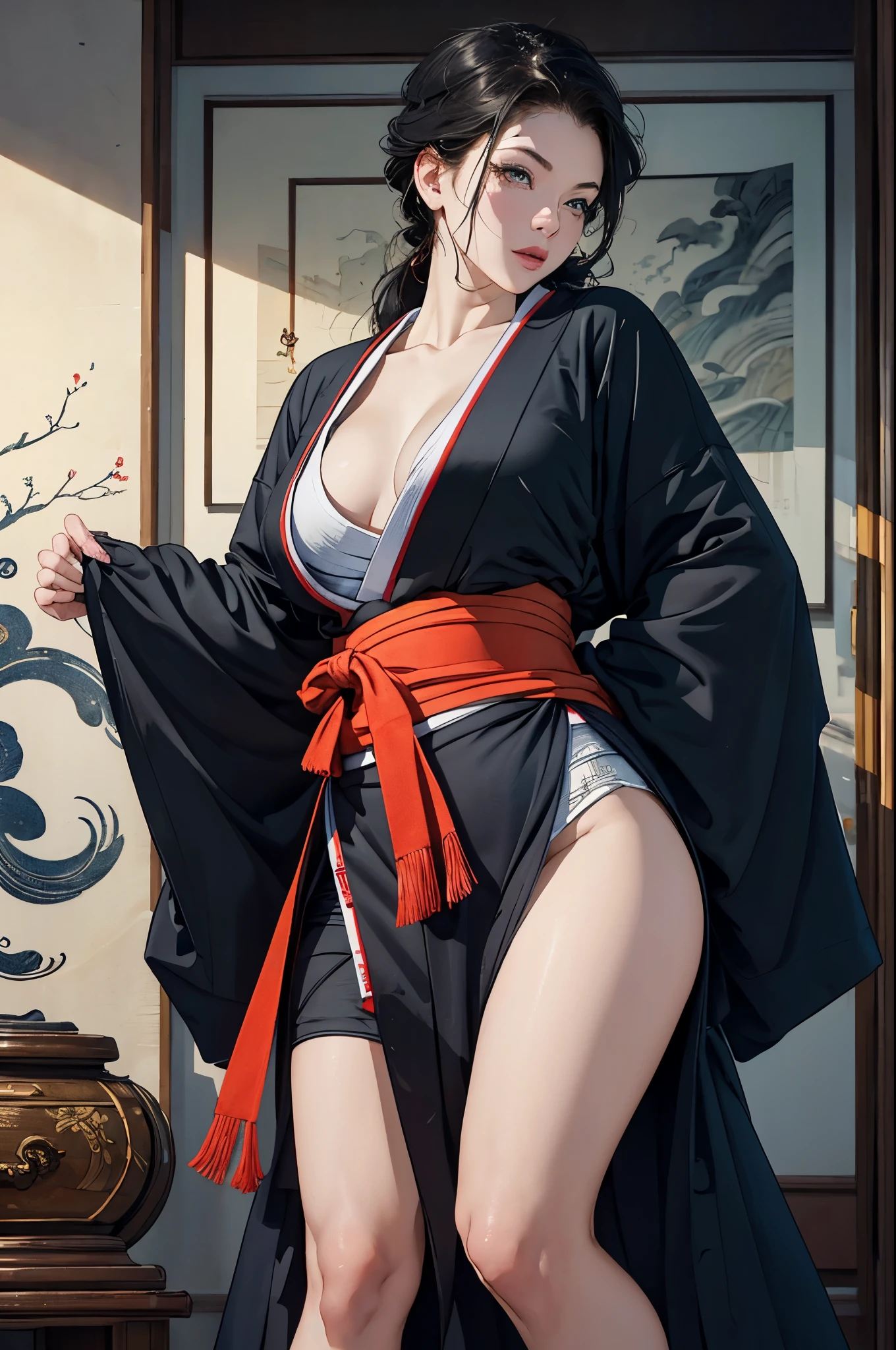Umalinda warrior sexy, pretty face, Delicious Company, Alluring figure, Wearing a sexy open kimono. The artwork is created in a medium reminiscent of Japanese ink paintings....., 具有大胆的笔触和Monochromatic color palette. artist'Masterful technique reveals the intensity and power of the image'sense of presence,with the highest quality, Perfectly capture every detail with ultra-high resolution. Textures and intricate patterns on kimonos are rendered with extreme precision. Lighting is carefully designed,Enhance drama, Features deep shadows and subtle highlights. General, The artwork exudes elegance and power, Combining traditional Japanese aesthetics with a modern feel. Monochromatic color palette, Combine details, Create captivating and immersive experiences for your audience.