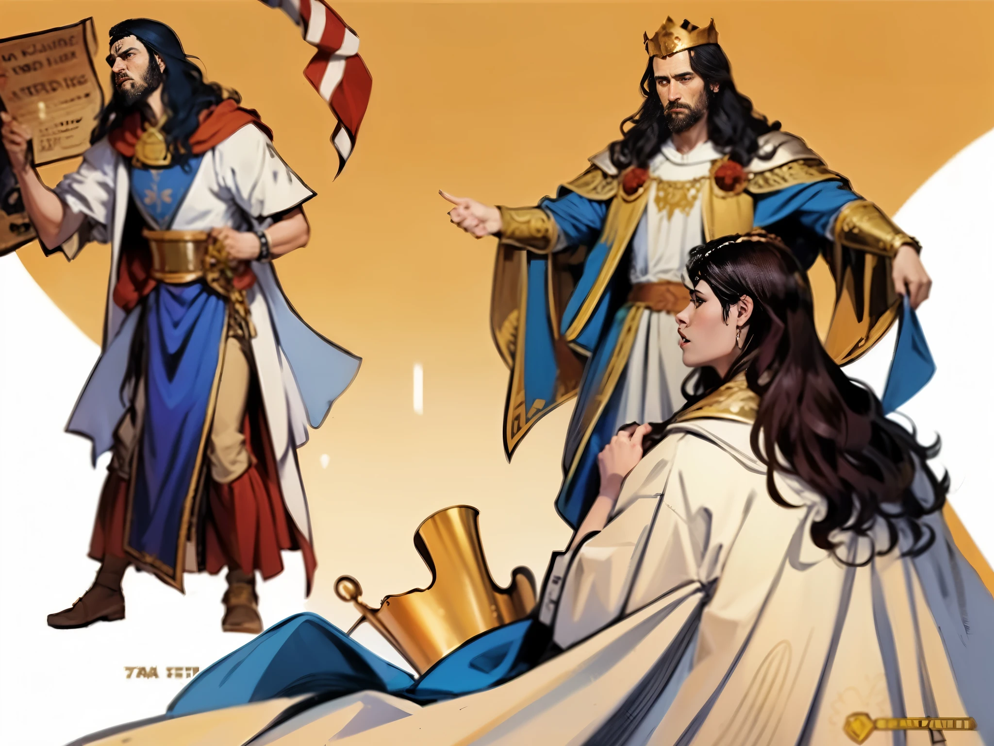 there is a woman sitting. There's a King. There is a nobleman standing. biblical costumes. Biblical setting. biblical style.