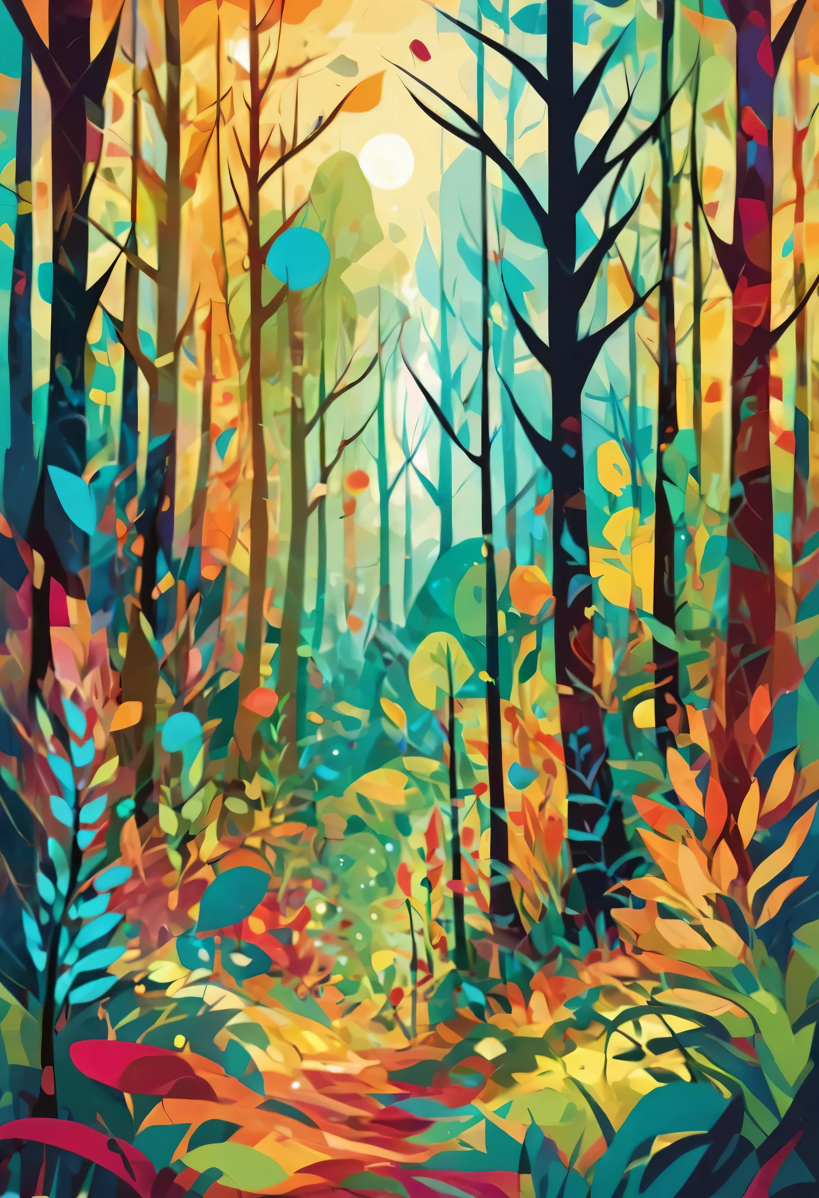 Abstract style forest . Non-representational, colors and shapes, expression of feelings, imaginative, highly detailed