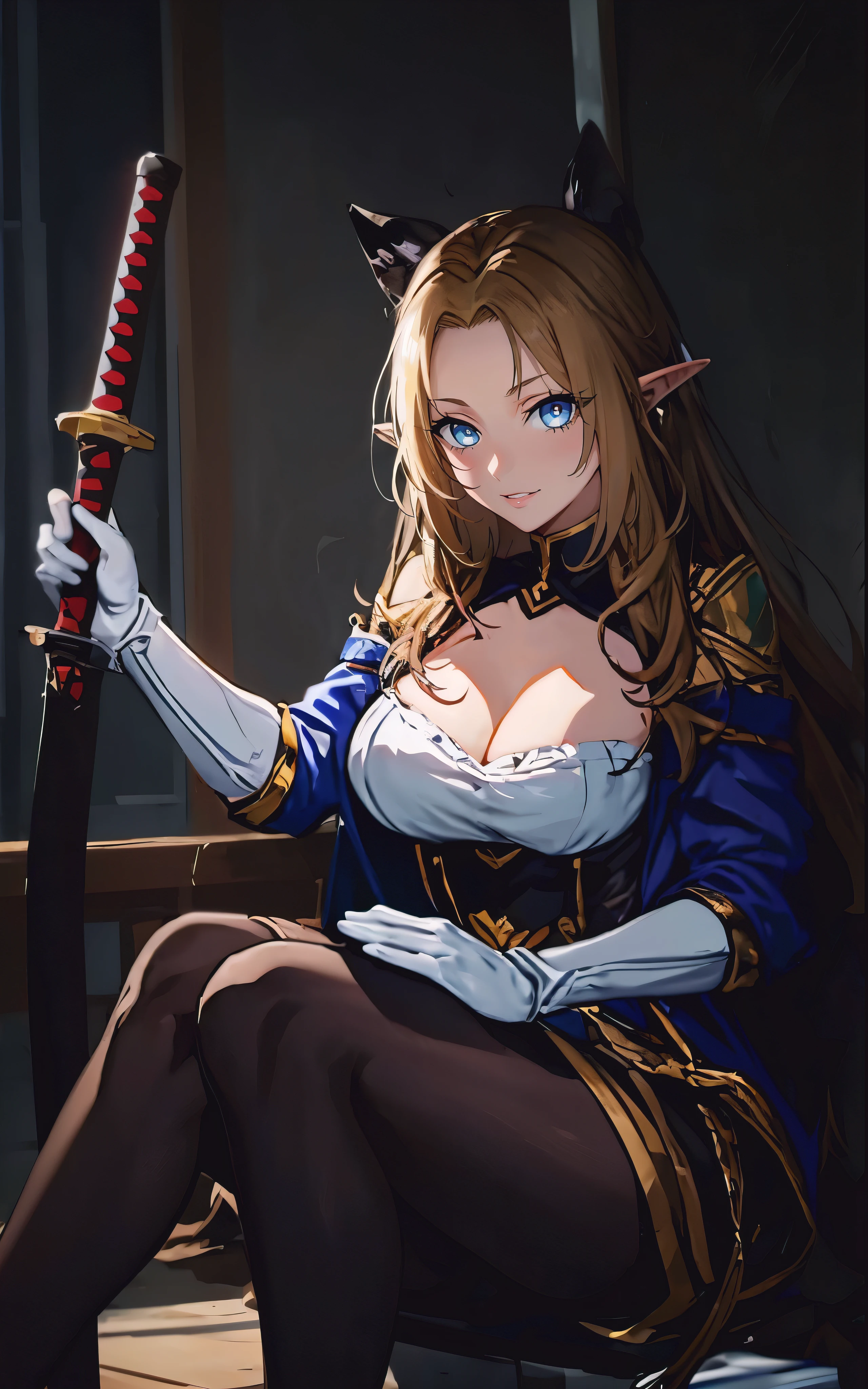 AlphaNDV, 1girl, blonde hair, blue eyes, large breasts, very long hair, elf, pointy ears, anatomically correct, sword, breasts, katana, 1girl, gloves, katana, animal_ears, pantyhose, cleavage, elbow_gloves, sheath, sitting, large_breasts, sheathed, bare_shoulders, solo, white_gloves, looking_at_viewer, black_legwear, holding, cleavage_cutout, detached_collar, sleeveless, Vector art, Vivid colors, Clean lines, Sharp edges, Minimalist, Precise geometry, Simplistic, Smooth curves, Bold outlines, Crisp shapes, Flat colors, Illustration art piece, High contrast shadows, Technical illustration, Graphic design, Vector graphics, High contrast, Precision artwork, Linear compositions, Scalable artwork, Digital art