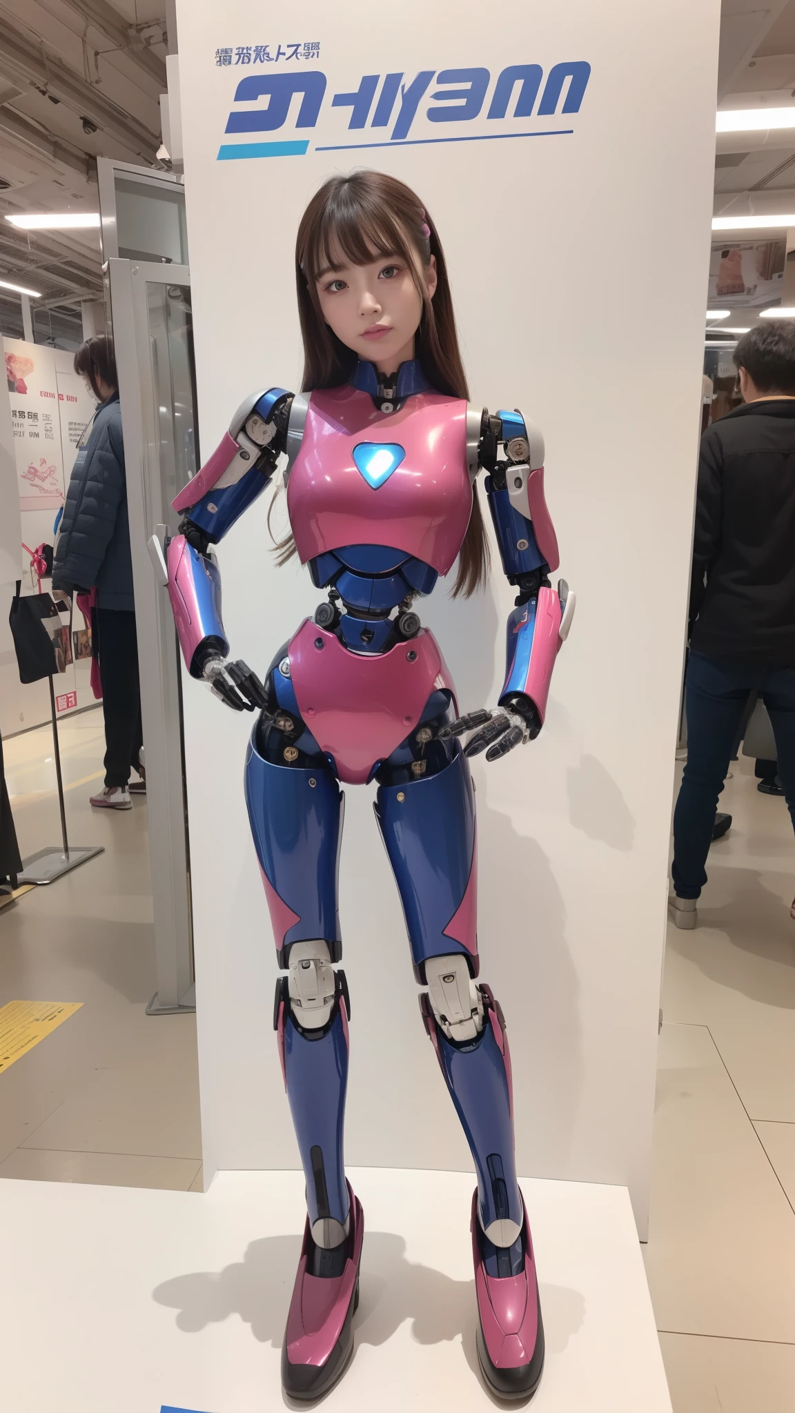 (Photorealsitic:1.4)、one robot woman、(top-quality)、(hyperdetailed face)、(Super well-formed face)、(Robot Parts)、(Female-Robot)、(25 years-old)、(Blue)、(pink there)、(Burgundy)、(metallic)、(full-body)、(sexy pose)、(Slender body)、(Model body type)、(full body mech)、(mechanical exposure)、(Akihabara)、(is looking at the camera)、(A brown-haired)、(Well-proportioned lady)、(a small face)、(a small head)、(well-groomed fingers)、(Idol)、(front facing)、(Standing with legs open)、(Photo session)、(Looks sad)、(perfect-female-robot)、(perfect-mechanical-body)