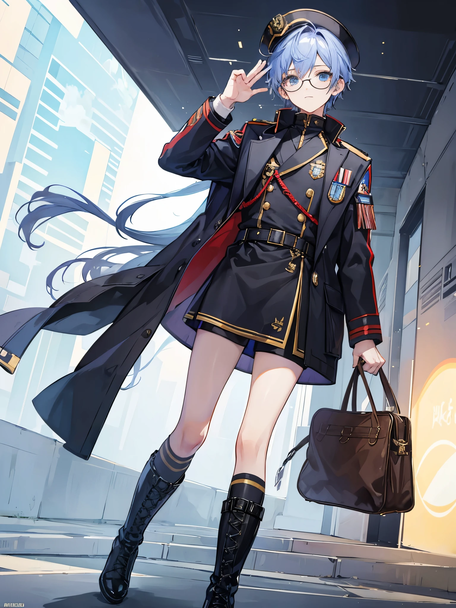 ((a boy)), colored hair, Color eyes, ((idol costume)), long boots, ((individual)), ((military jacket)), ((high quality)), Glasses