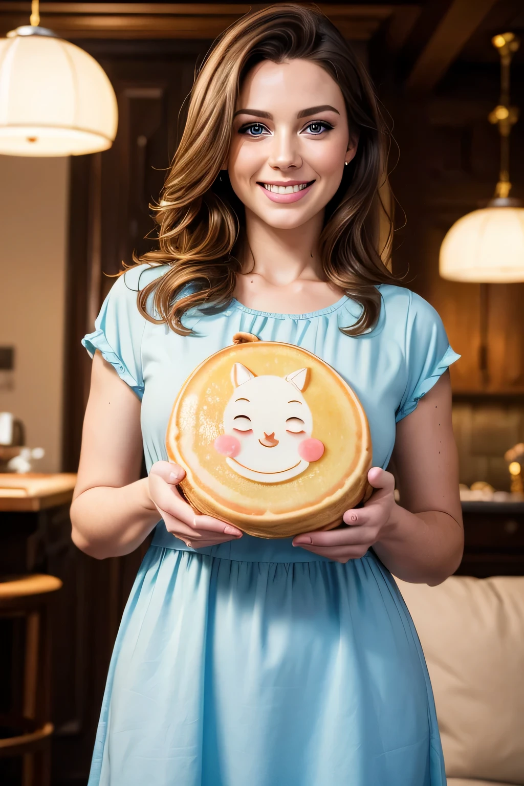 (best quality, 4k, highres, masterpiece:1.2), ultra-detailed, (realistic:1.37), portrait, woman wearing a pancake as a dress, brunette, blue eyes, smiling, plain background, pancake material, detailed facial features, vibrant colors, soft lighting