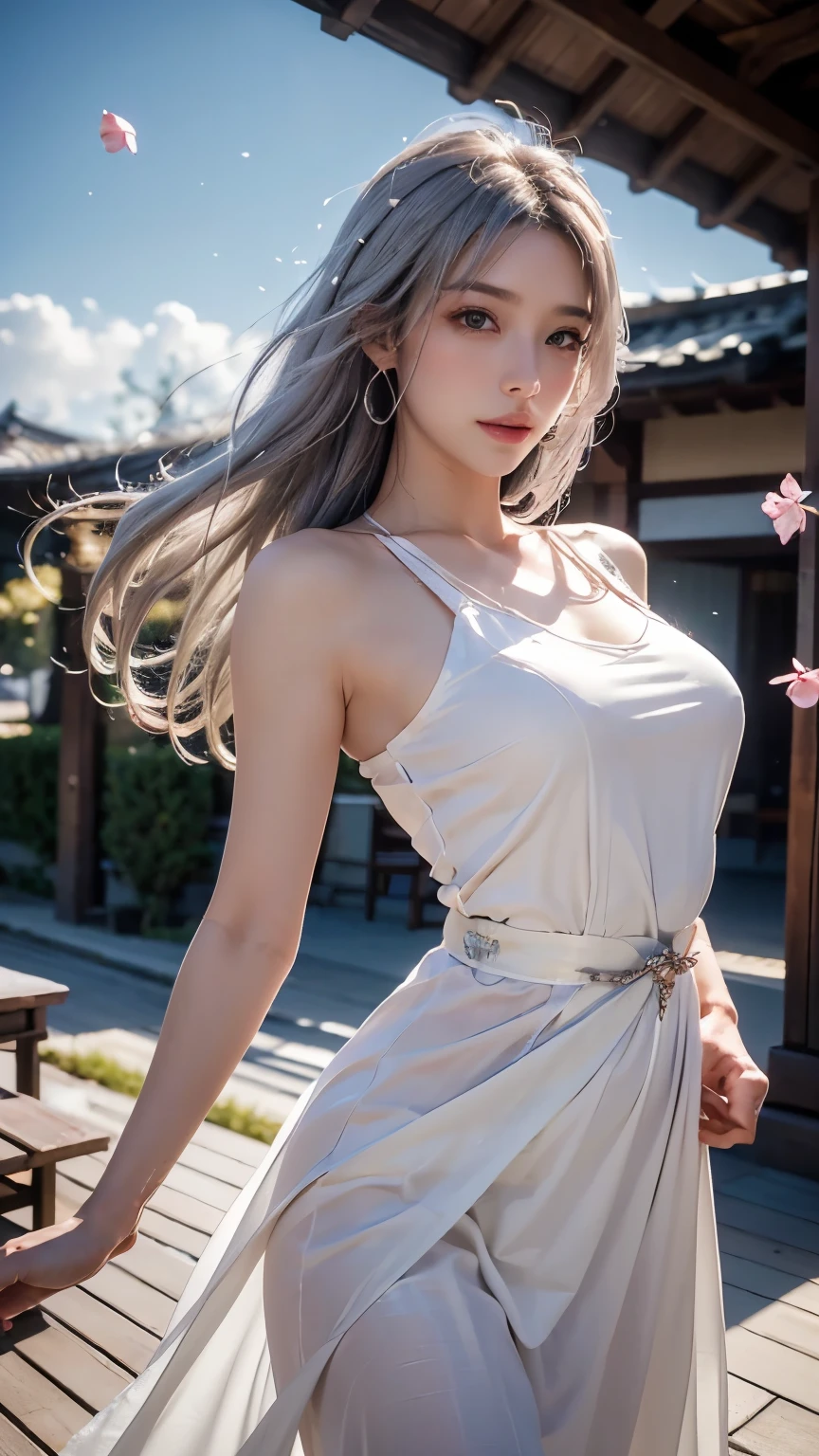 Some of the women have long white hair., A simple tight dress worn by a beautiful girl, With slit, Real life anime girls, 15 years old, Baby Face, Small and slim body type, Perfect white hair girl, Anime Girl Cosplay, Photorealistic Animation, Realistic anime 3D style, Realistic young anime girl, Ultra realistic anime, White Haired Girl, Photorealistic Animation girl render, Beautiful anime school girl, (Blooming Flowers々The background of the fantastic and beautiful stairs、), (Detailed eyes and face:1.2, Professional photography techniques), Beautiful breasts, Cleavage, Slender body line, Small and beautiful buttocks, Tight waist, ((Mischievous Smile))