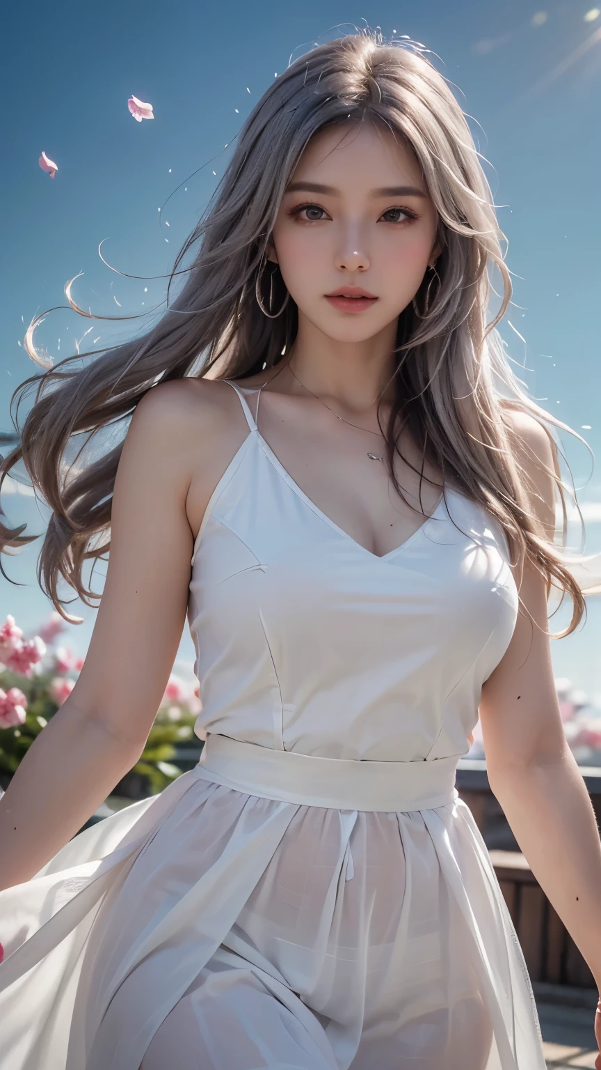 ((logo、masterpiece、8K、table top、RAW photo、wonderful、最high quality、フォトリアリスティックでvery detailedな CG 統合 8k 壁紙、high quality、very detailed、narrative poem、particle effects、dynamic effects、Depth of the bounds written、cinematic light、Lens flare、ray tracing、table top、realistic:1.4、超A high resolution:1.2、realistic、realistic))、fantasy、anatomically correct、((alone、woman in white long dress、woman dancing gracefully:1.4、woman dancing gracefully:1.4、view viewer、detailed face、silver hair、medium long hair、髪がWindで踊る、hair jump))、white dress、silver earrings、(night、Wind、Spectacular view、美しい自然のWind景、絶望的なWind景、ダークfantasy、tundra、dark sky、Cold atmosphere、pink cherry tree、petals dance、SakuraFubuki、Falling petals)