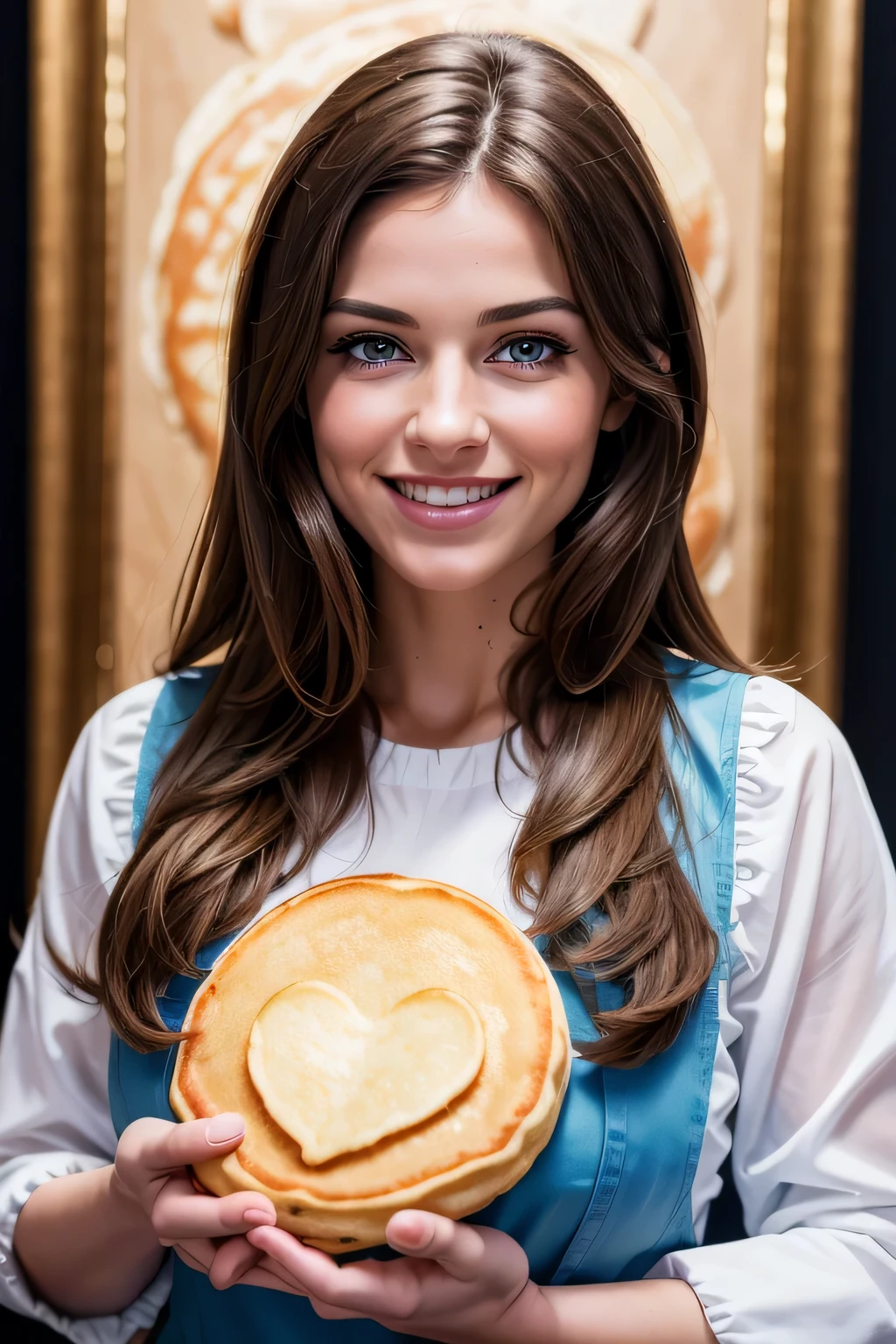 (best quality, 4k, highres, masterpiece:1.2), ultra-detailed, (realistic:1.37), portrait, woman wearing a pancake as a dress, brunette, blue eyes, smiling, plain background, pancake material, detailed facial features, vibrant colors, soft lighting