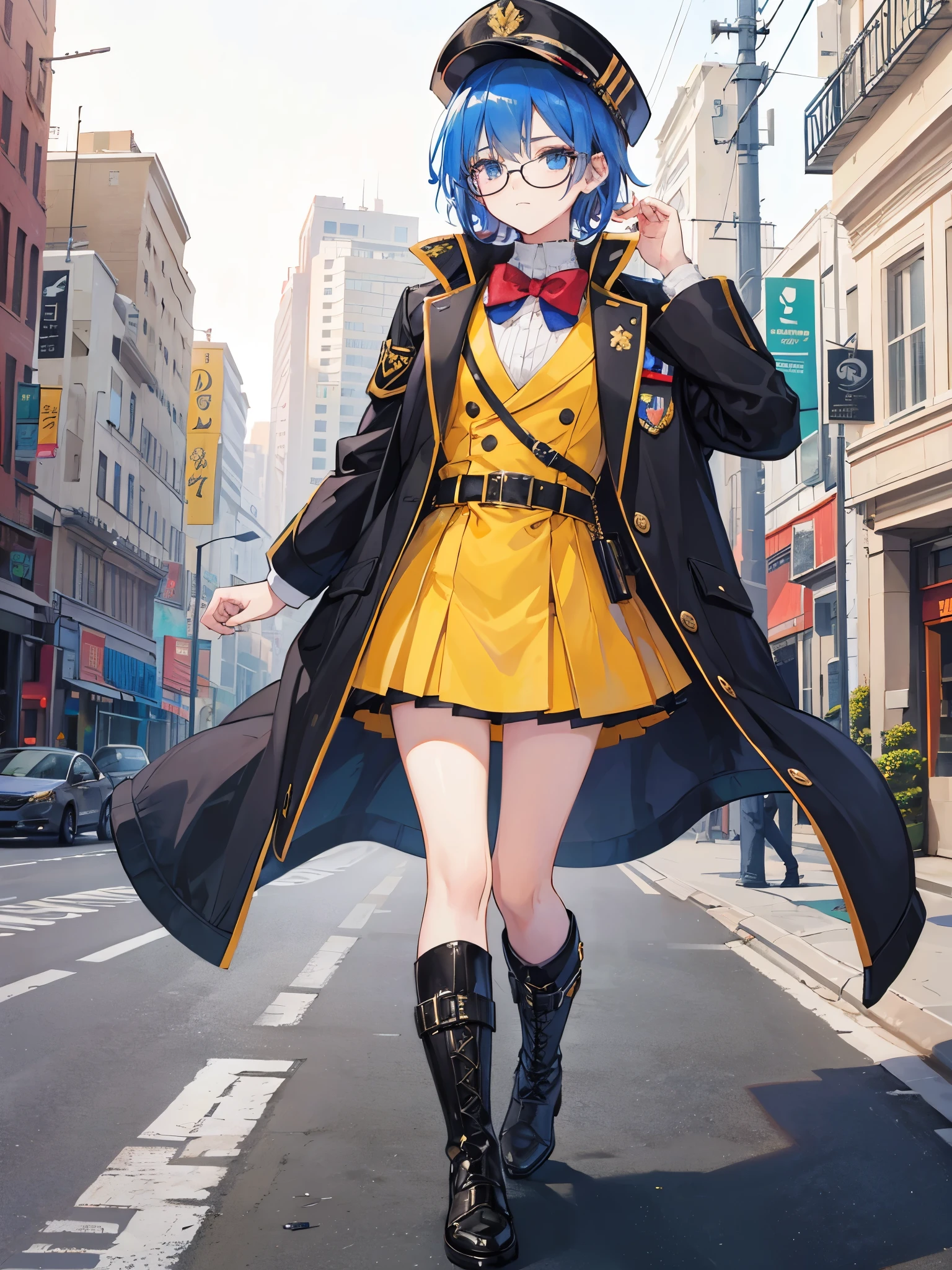 ((a boy)), colored hair, Color eyes, ((idol costume)), long boots, ((individual)), ((military jacket)), ((high quality)), Glasses