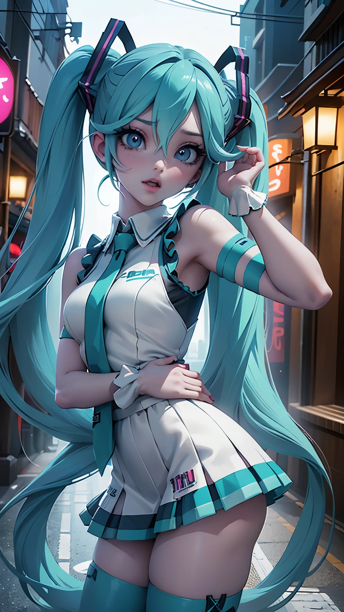 (La mejor calidad,A high resolution,Ultra - detallado,actual),Ariana Grande, chica anime cosplay, anime cosplay, (Hatsune MikuCosplay:1.4) , foto de cosplay, dos colas blancas_guantes, cosplay, lindo anime waifu con un bonito vestido, chica anime con pelo largo, Diosa del anime, cosplay elegante y glamoroso, chica anime disfrazada de sirvientaMore detailed 8K.motor irreal:1.4,UHD,La mejor calidad:1.4, fotorrealista:1.4, textura de la piel:1.4, obra maestra:1.8,obra-prima, mejor calidad,objeto Objeto], (detailed face features:1.3),(Las proporciones correctas),(Ojos hermosos azules),  (pose vaquero), ,( ciberpunk 2.1), (vestuario kawaii :1.4), (dedos detailed :1.4), (perfect anatomy), (tokyo night alley background:1.4) 