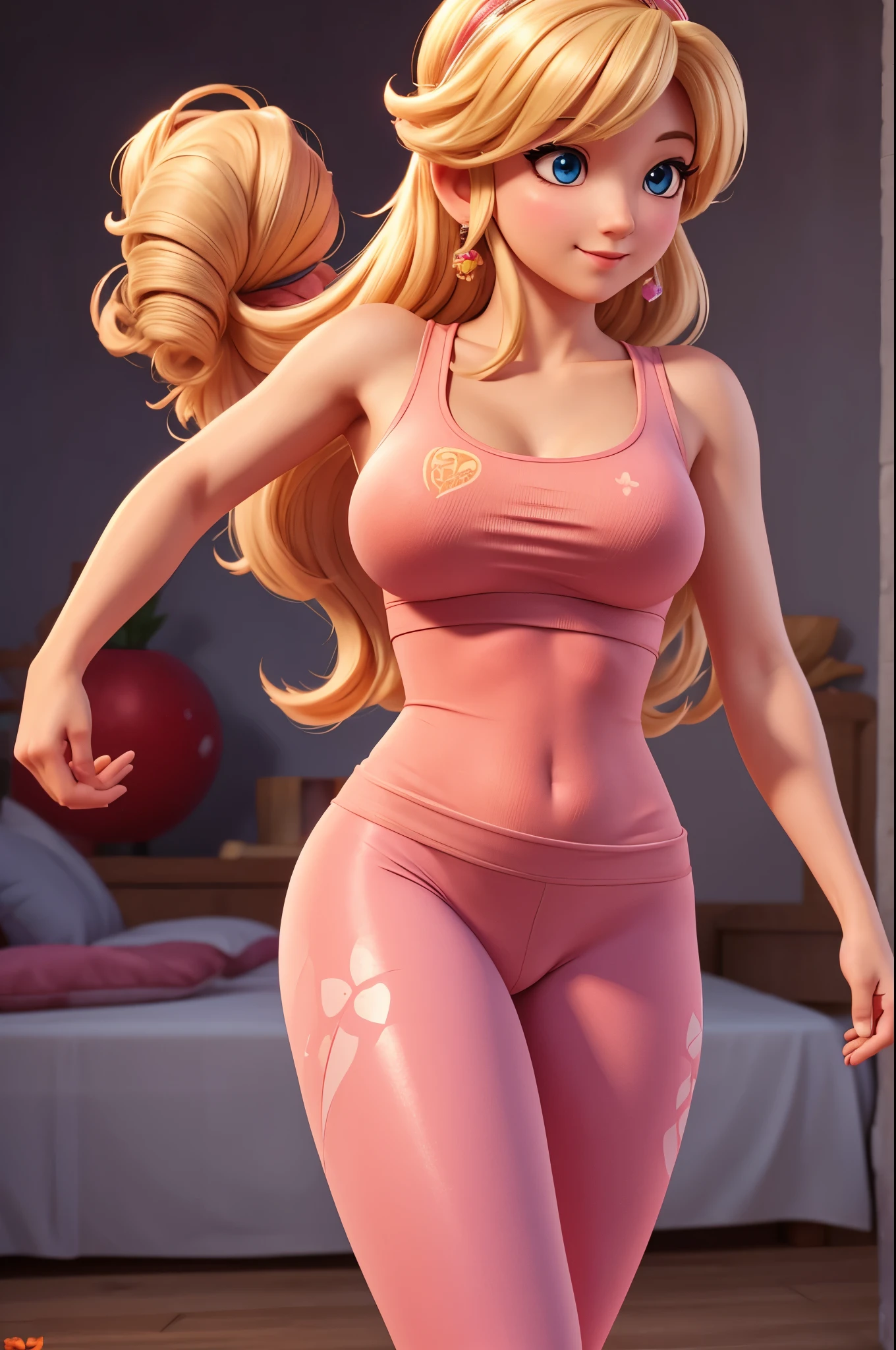 young princess peach,yoga pants,view crotch,realistic details in the skin,details of wear and dirt on skin and clothing, realistic particles,