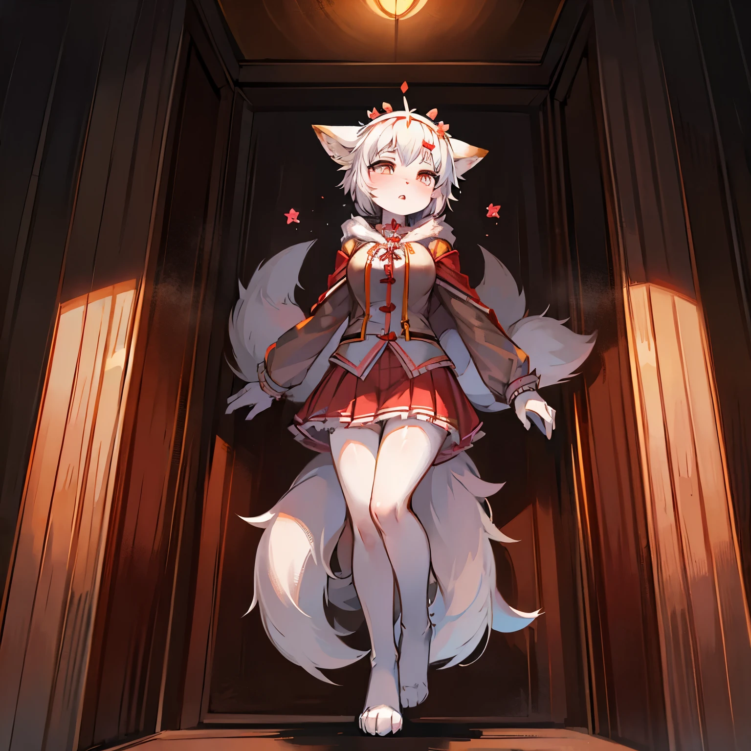 fox girl,female focus ,Furry women,Furry loli,Characteristics of a three-year-old girl,yandere,white hair,white skin,Six tails,Wearing a garland,coat,short skirt