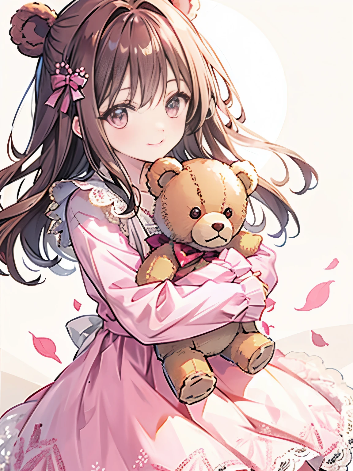 girl,botanical dress,((hugging a teddy bear)),smile,cute,close up of face,Pink looks good