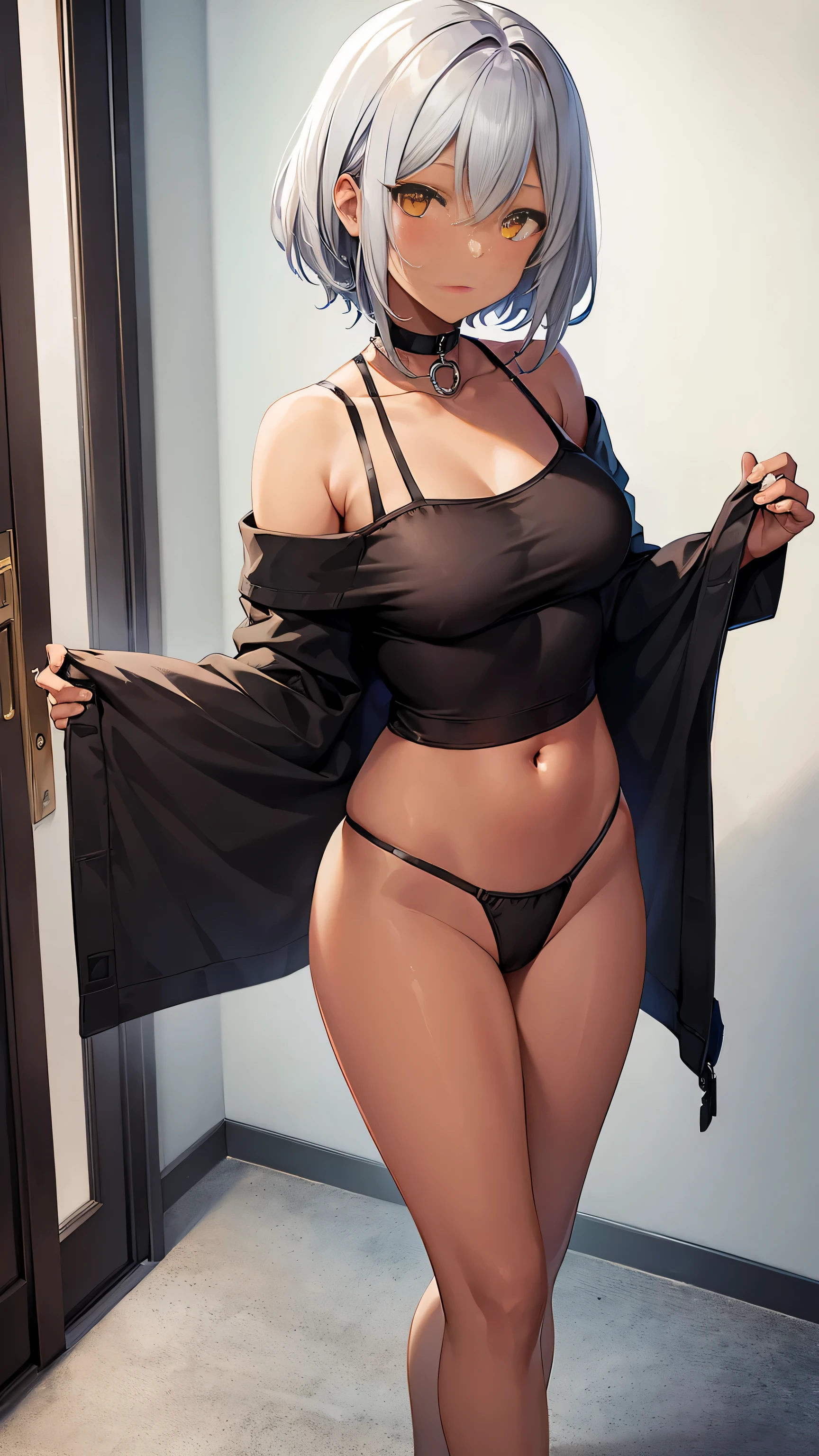 (((dark brown skin))), Yellow eye color, gray hair color, short hairstyle, ((gal fashion)),(NSFW),30 year old female, anime character, (one person), play games, inside the room