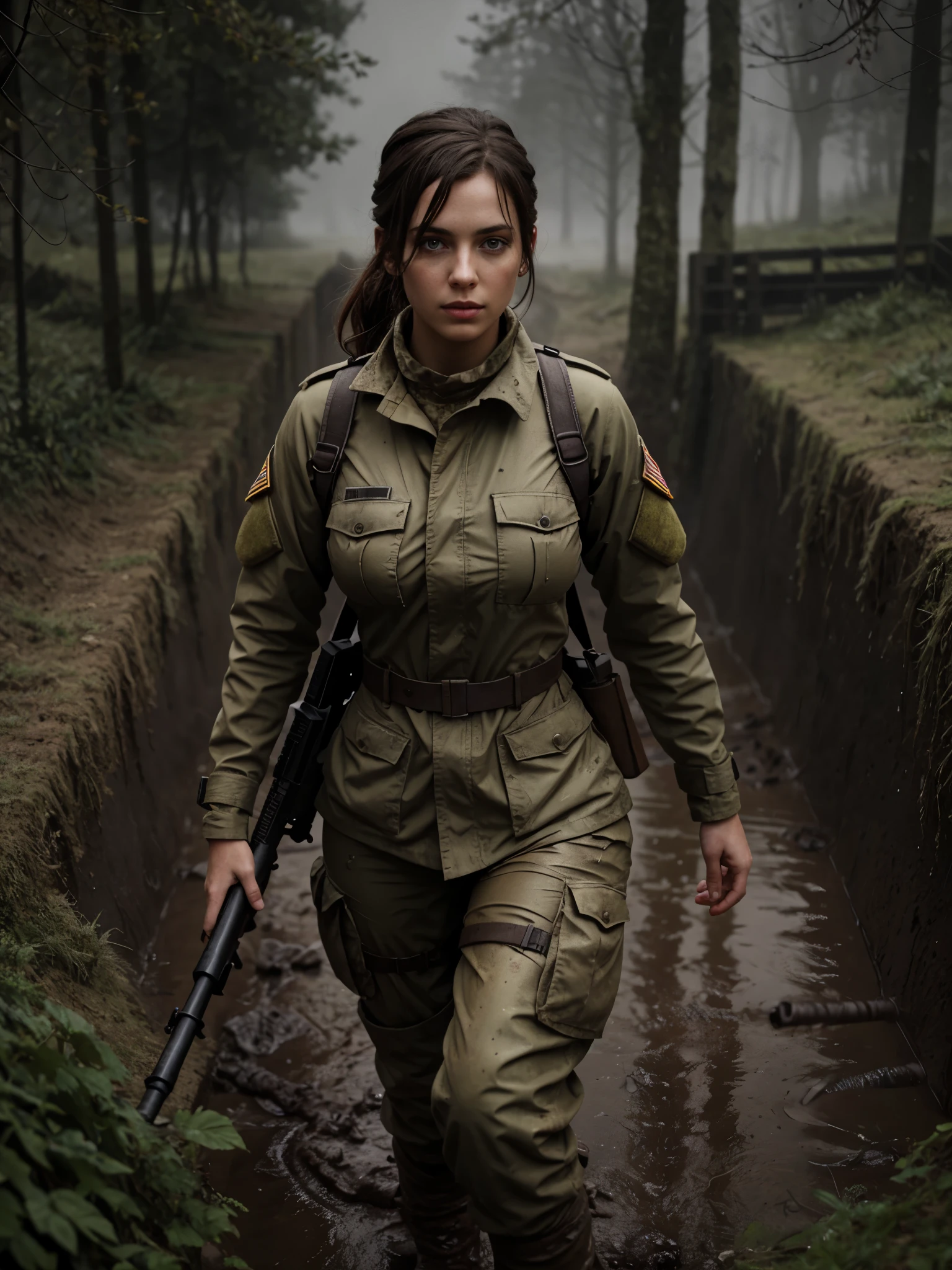 4K UHD photo, busty female soldier in a trench, dark:1.1, muddy terrain, rainy and wet, masterpiece, (in the style of mandy jurgens:1.0), best quality, highly detailed, (ambient occlusion)