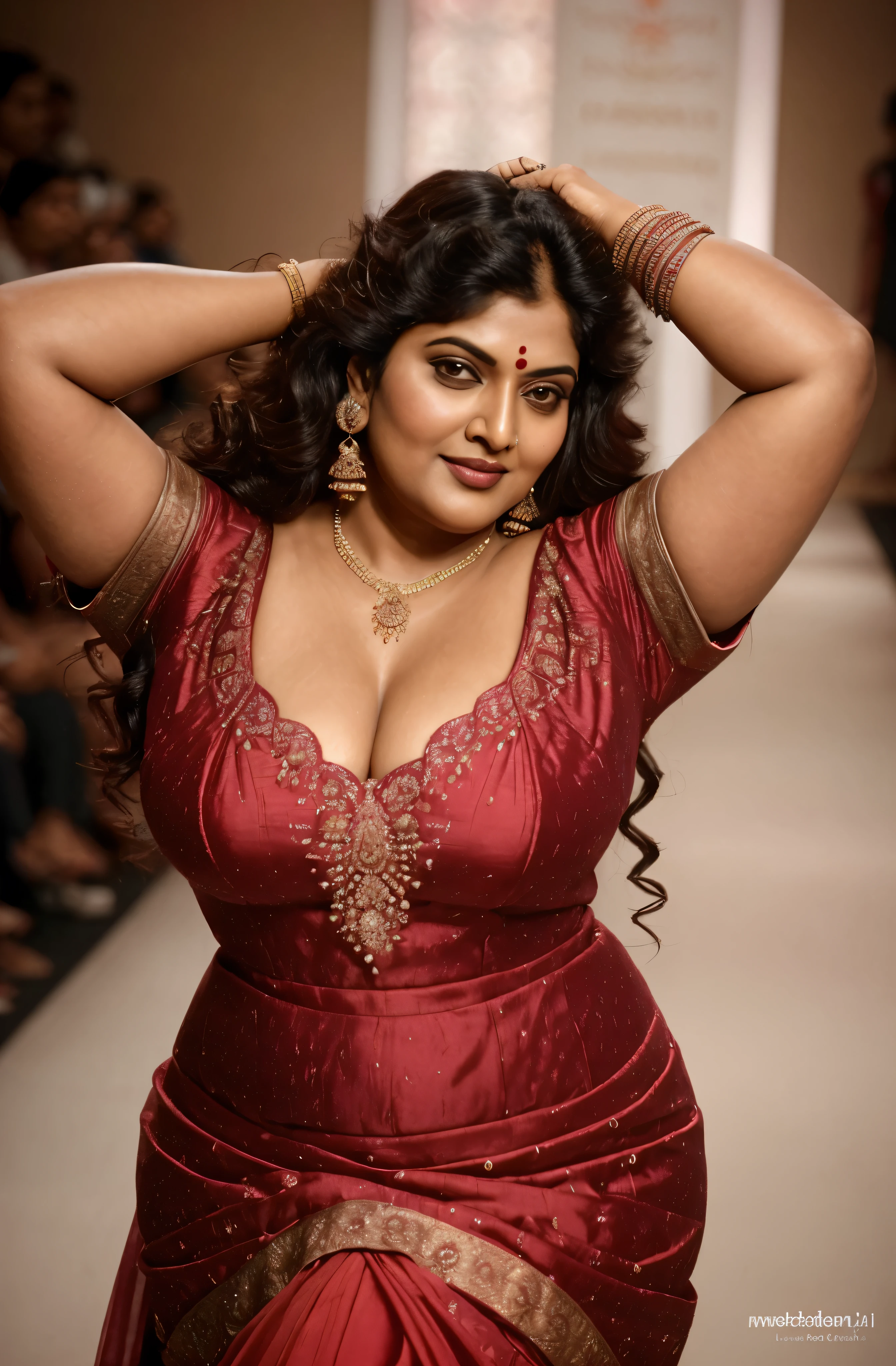 Looks like Indian Actress khushboo Sundar, actress khusbu Sundar, mallu, mallu aunty, desi aunty, full figured mature beauty, attractive figure, 48 years old, desi milf, desi aunty, a close up of a woman in a red dress on a runway, inspired by Avigdor Arikha, sleek!!!, indian super model, wavy hair combed to one side, actress, by Jitish Kallat, smoldering, intense smoldering, fashion, an angel, print ready, with a dramatic looking, inspired by Sudip Roy, tense look