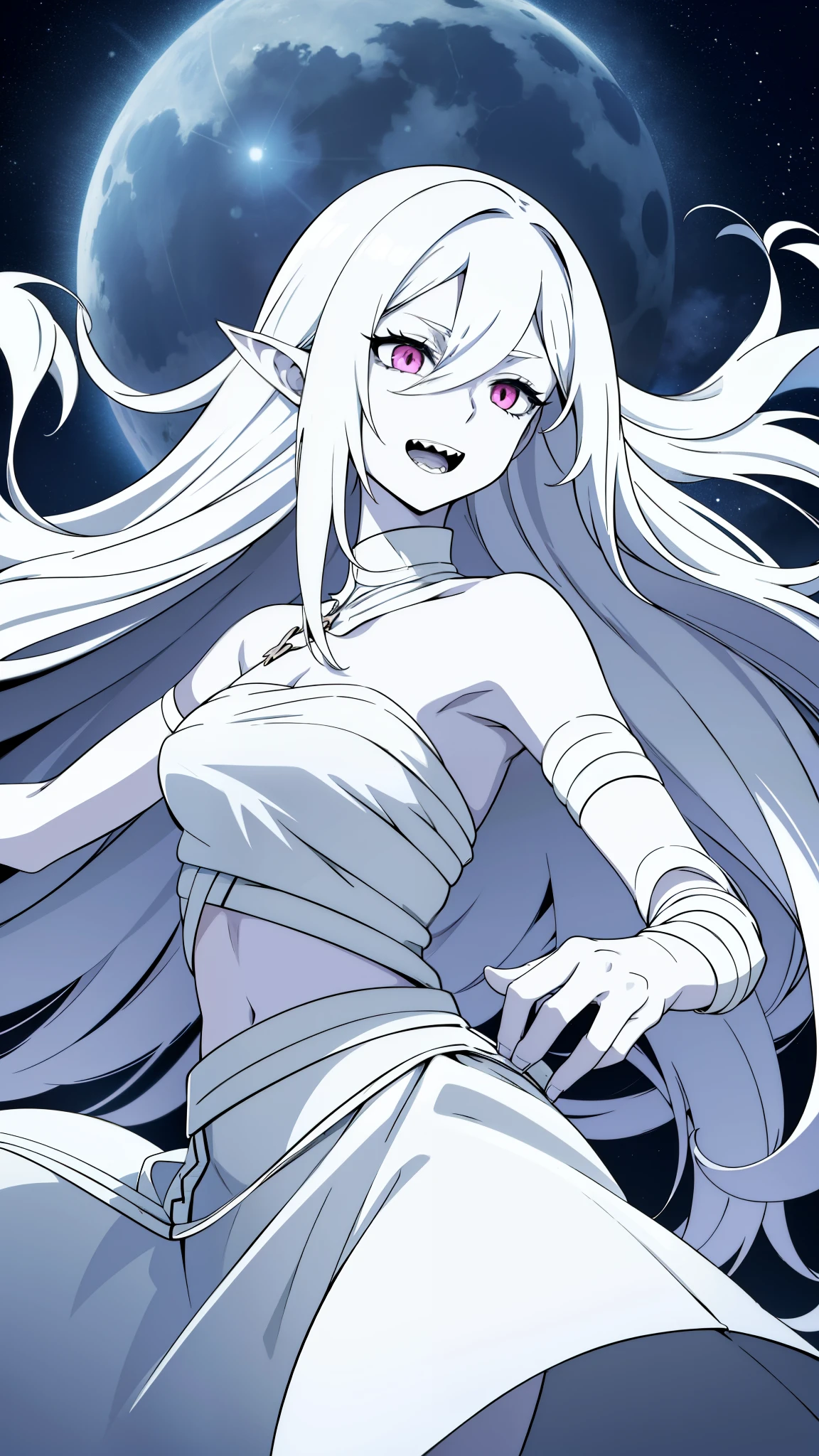 1 girl,20s,long hair,solo,white hair,long hair,((hair over one eye)),(((white skin,pale skin,colored skin,))),((naked bandage,white skirt)),elf ear,,sharp teeth,evil smile,yandere,open mouth,pink eyes,grin,(floating in a night skyn,stars,full moon,)