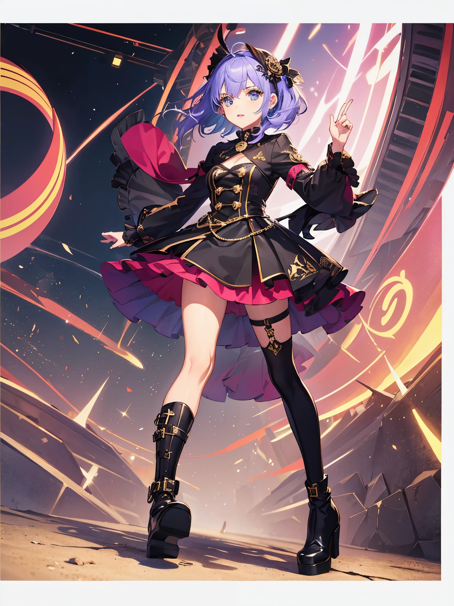 ((a girl)), colored hair, Color eyes, ((idol costume)), long boots, ((individual)), ((high quality))