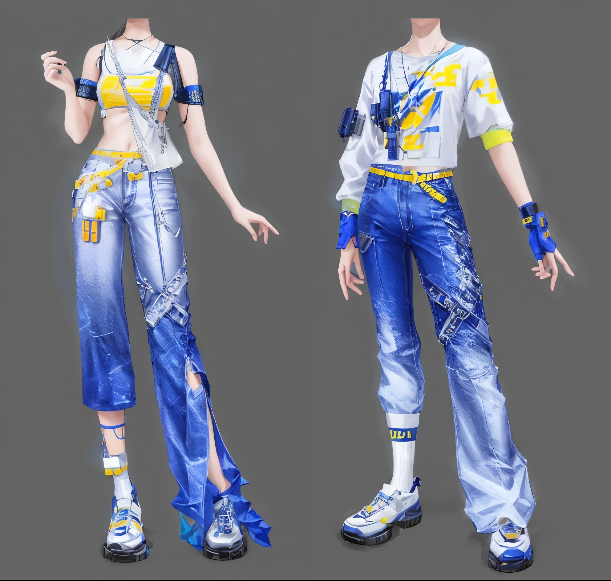 Woman in blue and white dress has two different views, Moon themed clothing, cyberpunk clothing, cyberpunk style 2 0 7 7, Costume design, Style Games Square Enix, realistic clothing, blue jeans. Unreal 5, cyberpunk clothing, cyberpunk style, Cyberpunk fashion clothing, Popular topics on cgstation, Cyberpunk fashion clothing, cyberpunk streetwear, Keda