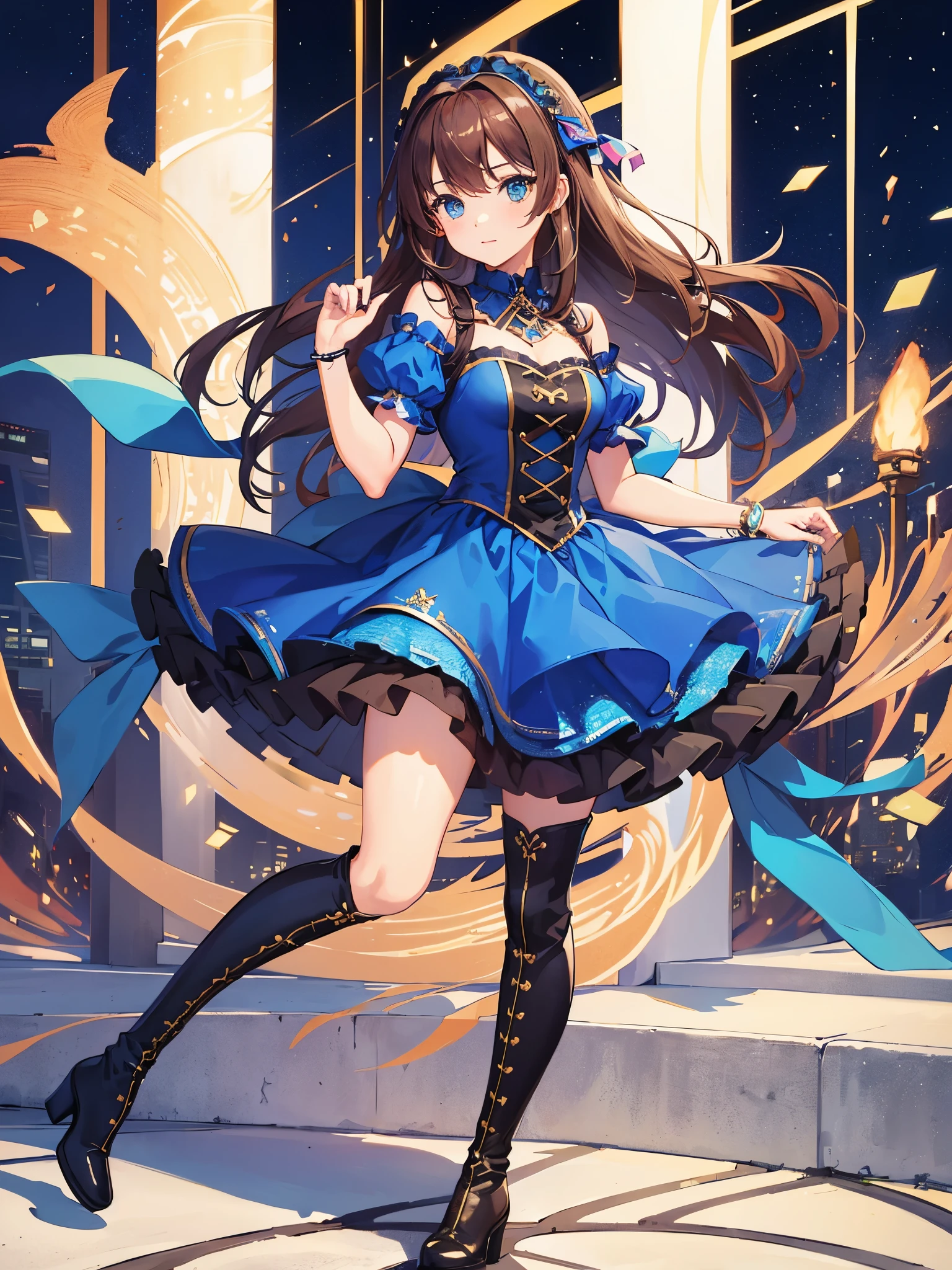 ((a girl)), rosybrown hair, azure eyes, ((idol costume)), long boots, ((individual)), ((high quality)), hairband