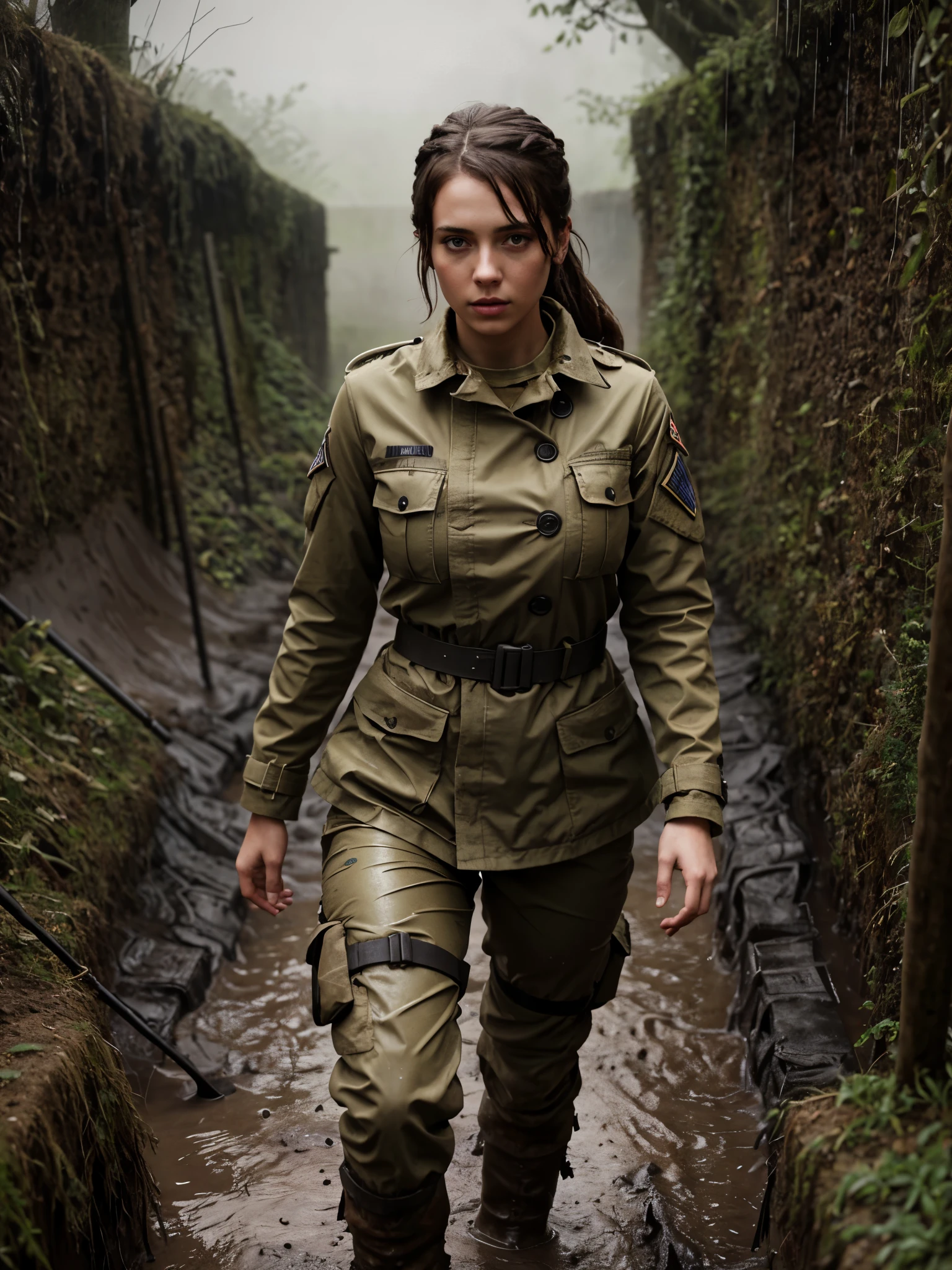 4K UHD photo, busty female soldier in a trench, dark:1.1, muddy terrain, rainy and wet, masterpiece, (in the style of mandy jurgens:1.0), best quality, highly detailed, (ambient occlusion)