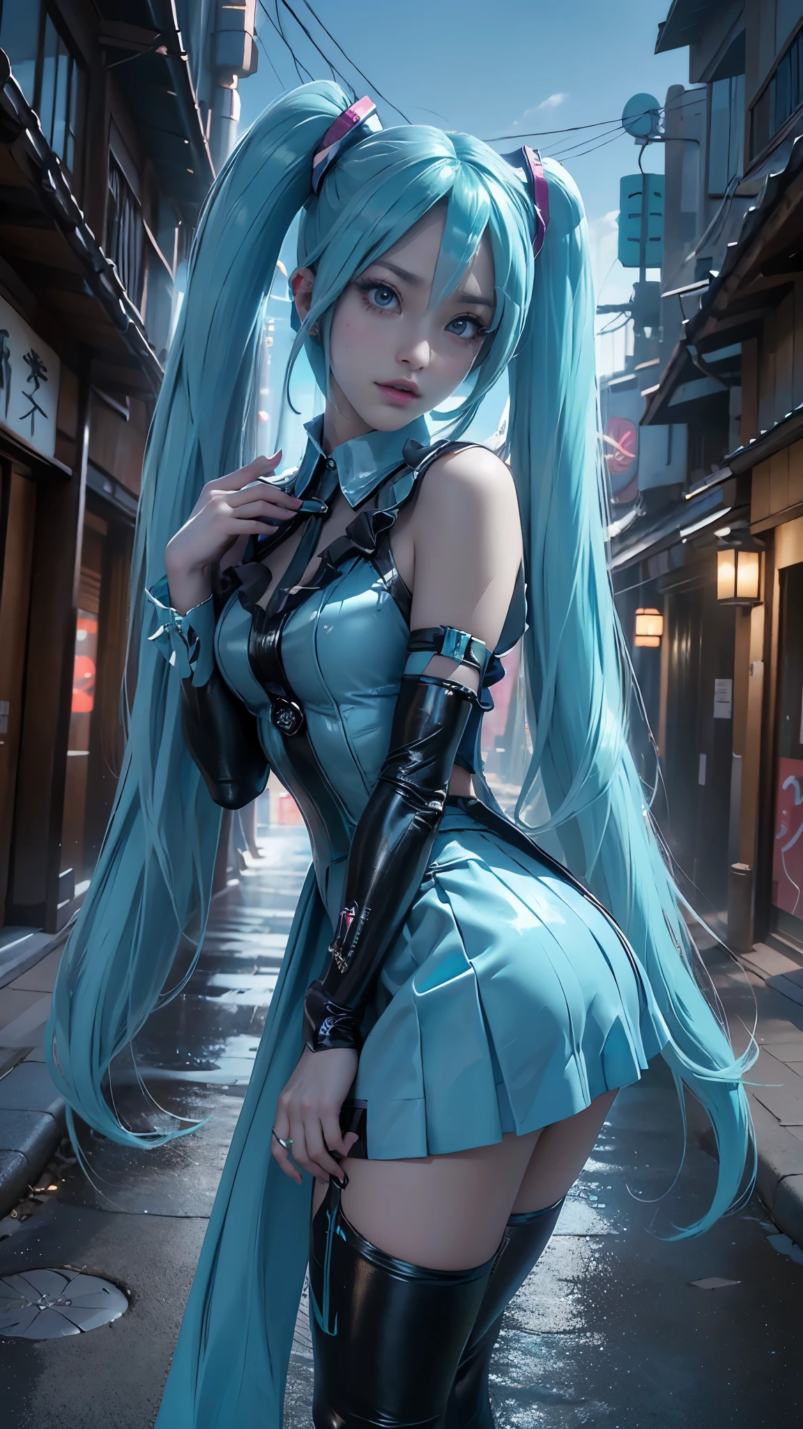 (La mejor calidad,A high resolution,Ultra - detallado,actual),Ariana Grande, chica anime cosplay, anime cosplay, (Hatsune MikuCosplay:1.4) , foto de cosplay, dos colas blancas_guantes, cosplay, lindo anime waifu con un bonito vestido, chica anime con pelo largo, Diosa del anime, cosplay elegante y glamoroso, chica anime disfrazada de sirvientaMore detailed 8K.motor irreal:1.4,HD,La mejor calidad:1.4, fotorrealista:1.4, textura de la piel:1.4, obra maestra:1.8,obra maestra, mejor calidad,objeto Objeto], (rasgos faciales detallados:1.3),(Las proporciones correctas),(Ojos hermosos azules),  (pose vaquero), ,( ciberpunk 2.1), (background alley city tokyo night :1.4),( dedos detailed:1.4),( perfect anatomy), (vestuario kawaii :1.4) 