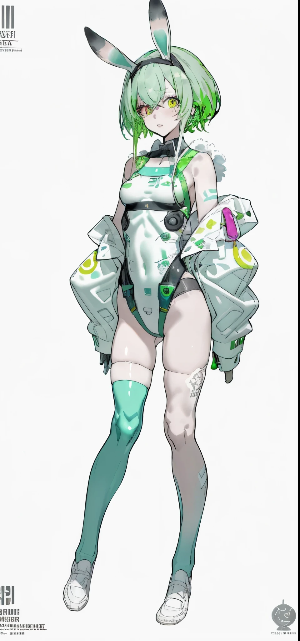 Rabbit technique , science fiction, fluffy , 1 girl, tattoo, 发光tattoo, glowing eyes, Colorful glowing hair , (Full body female love), green hair, Kavitek, pastel colors, kawaii, cutecolors,White knee-high socks,no shoes,Deep V hollow swimsuit