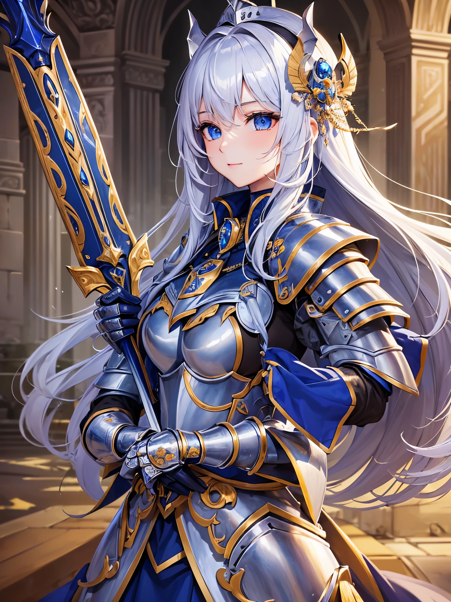 ((highest quality)),(ultra high resolution),(Super detailed),(detailed description),((best CG)),(best work of art),super precision art,amazing drawing art,(Art with precise details:1.5), (one female knight:1.8),(Finest ceremonial armor with intricate details:1.5,Sapphire Blue:1.3),(Ceremonial weapons manufactured using the highest quality technology:1.8)