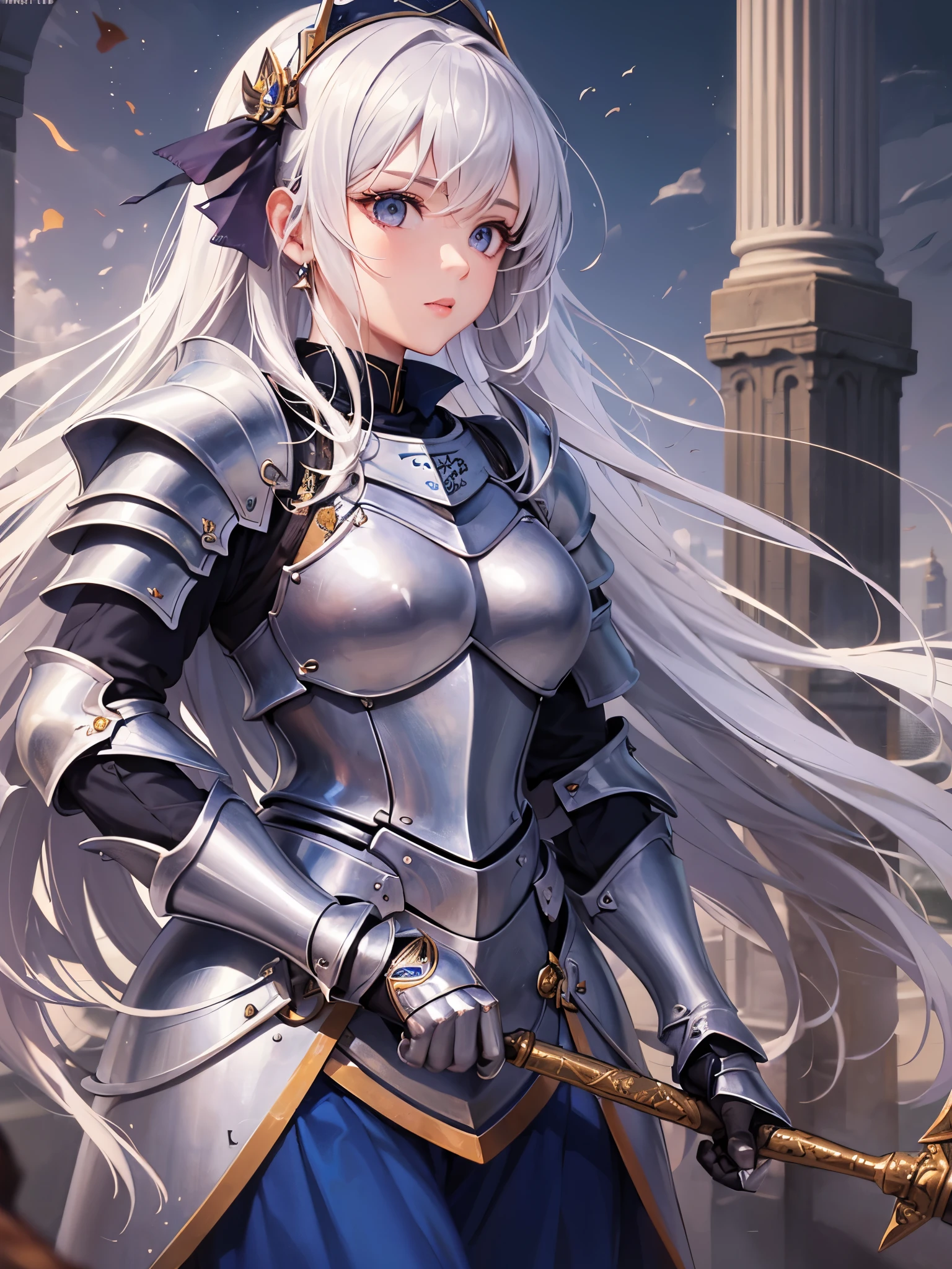 ((highest quality)),(ultra high resolution),(Super detailed),(detailed description),((best CG)),(best work of art),super precision art,amazing drawing art,(Art with precise details:1.5), (one female knight:1.8),(Finest ceremonial armor with intricate details:1.5,Sapphire Blue:1.3),(Ceremonial weapons manufactured using the highest quality technology:1.8)