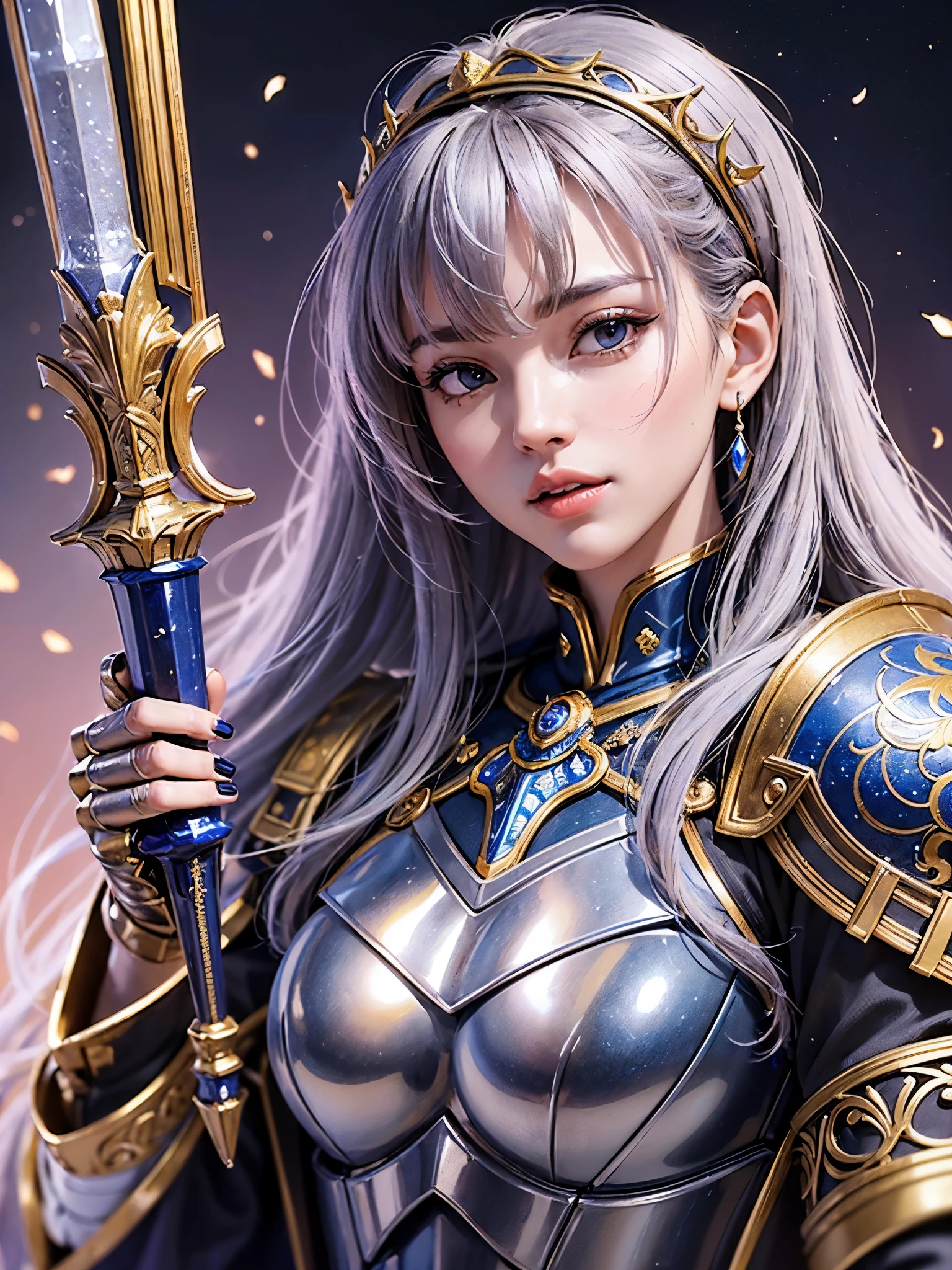 ((highest quality)),(ultra high resolution),(Super detailed),(detailed description),((best CG)),(best work of art),super precision art,amazing drawing art,(Art with precise details:1.5), (one female knight:1.8),(Finest ceremonial armor with intricate details:1.5,Sapphire Blue:1.3),(Ceremonial weapons manufactured using the highest quality technology:1.8)