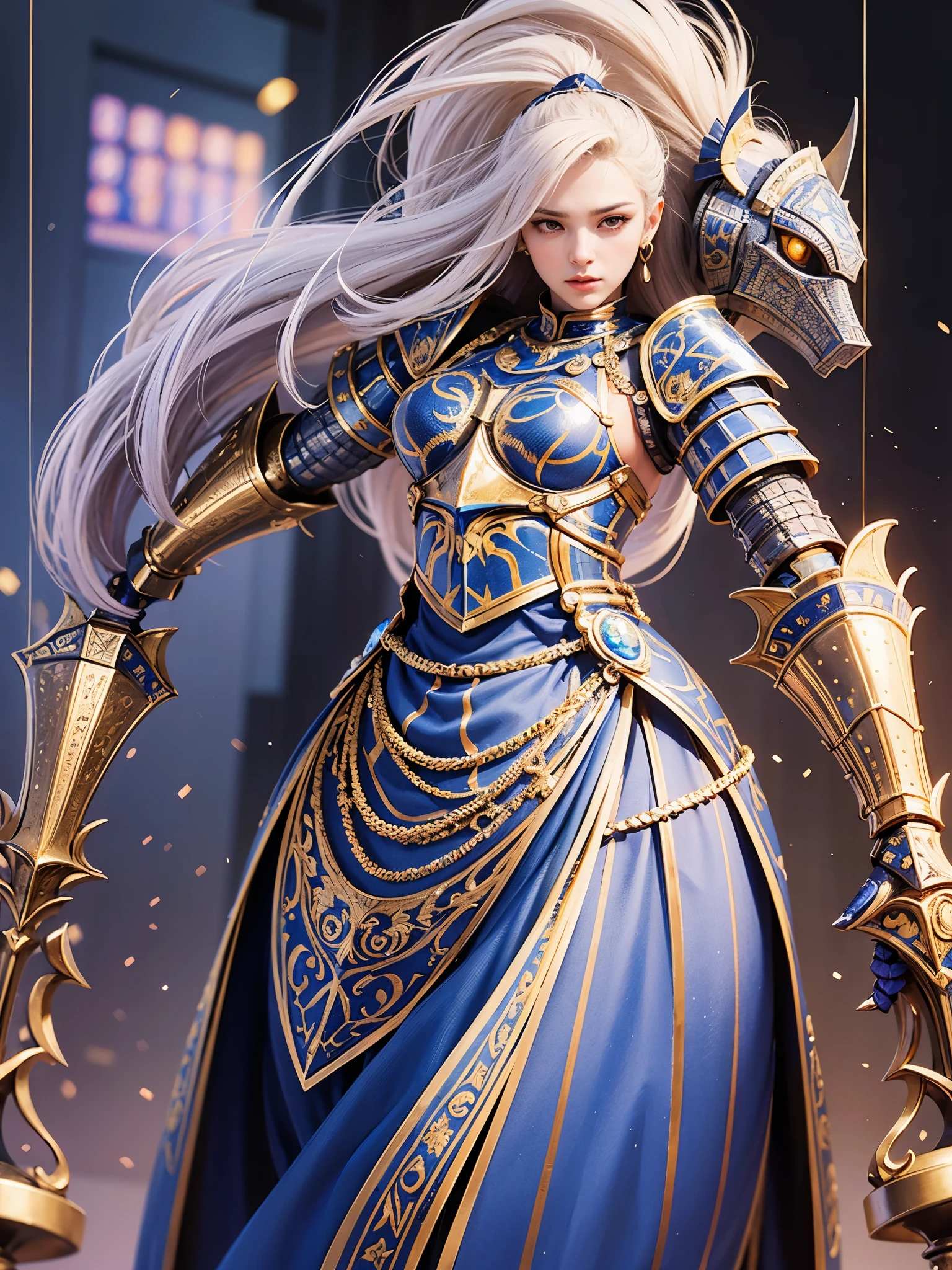 ((highest quality)),(ultra high resolution),(Super detailed),(detailed description),((best CG)),(best work of art),super precision art,amazing drawing art,(Art with precise details:1.5), (one female knight:1.8),(Finest ceremonial armor with intricate details:1.5,Sapphire Blue:1.3),(Ceremonial weapons manufactured using the highest quality technology:1.8)