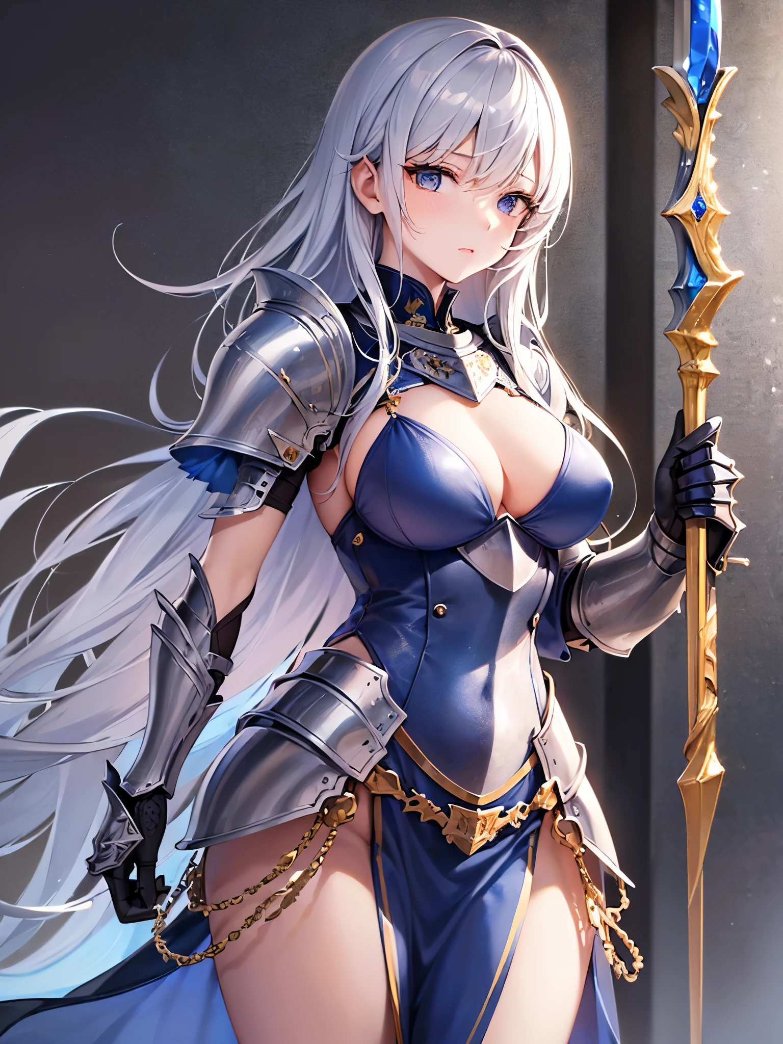 ((highest quality)),(ultra high resolution),(Super detailed),(detailed description),((best CG)),(best work of art),super precision art,amazing drawing art,(Art with precise details:1.5), (one female knight:1.8),(Finest ceremonial armor with intricate details:1.5,Sapphire Blue:1.3),(Ceremonial weapons manufactured using the highest quality technology:1.8)