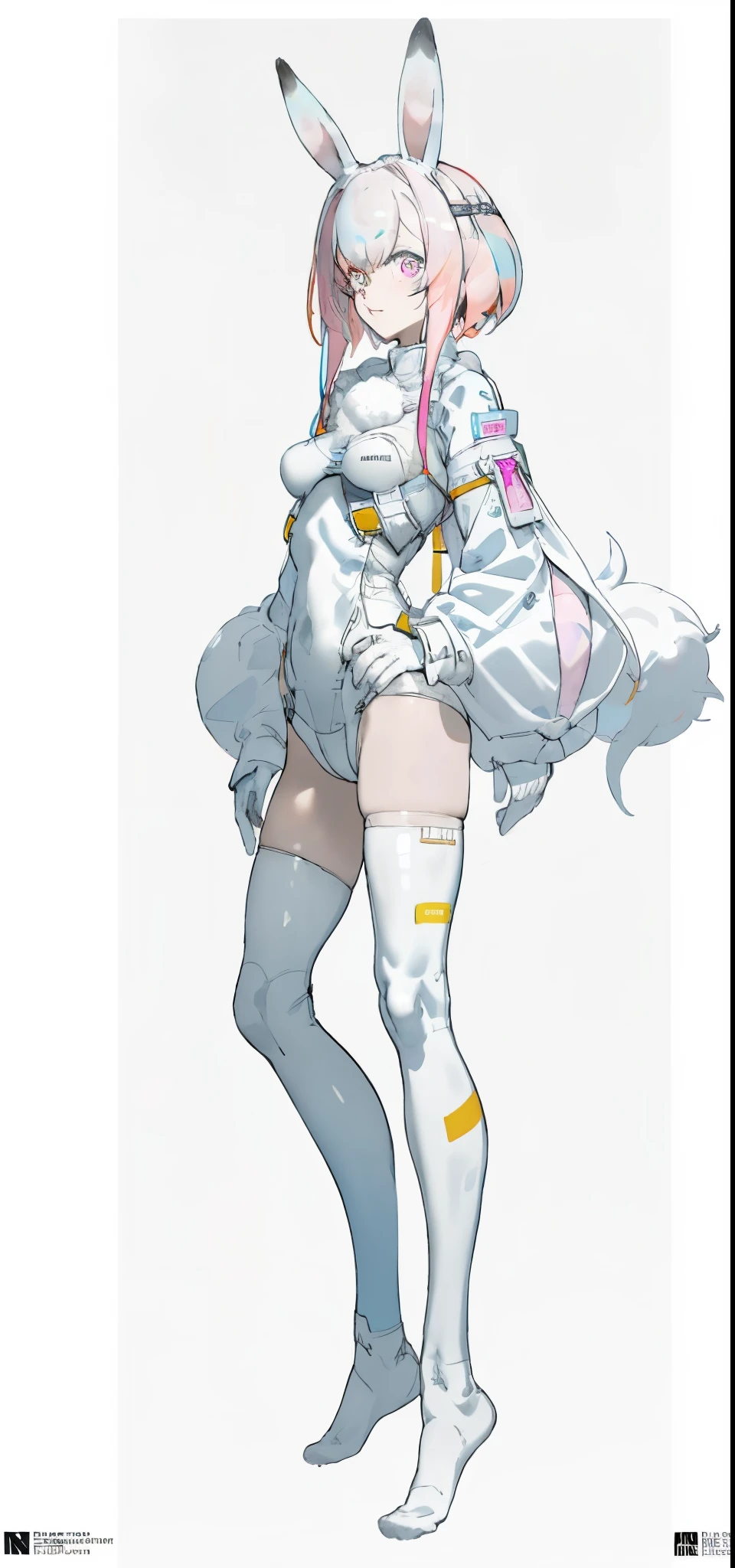 Rabbit technique , science fiction, fluffy , 1 girl, glowing eyes, Colorful glowing hair , （Full body female love）, White hair, Kavitek, pastel colors, kawaii, cutecolors,White knee-high socks，no shoes，Deep V hollow outfit