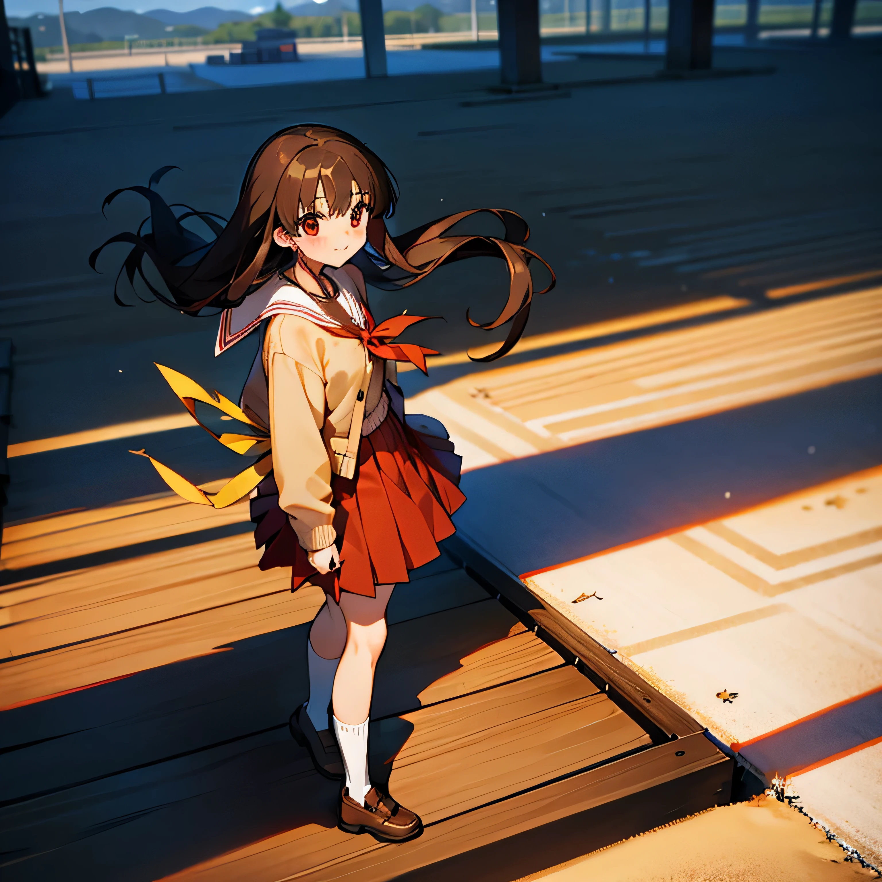 1girl, best quality, nagamori mizuka, ONE kagayaku kisetsu he, red eyes, long hair, light brown hair, yellow tape tying hair on the back, school uniform, red skirt, knee length skirt, white socks, brown shoes, white shirt with a red bow, sand colored cardigan sweater, smiling, hands behind, full body, in front of japanese house, looking at viewer, spring scenery