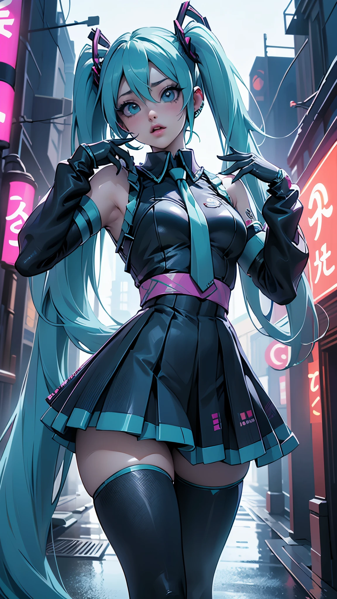 (La mejor calidad,A high resolution,Ultra - detallado,actual),Ariana Grande, chica anime cosplay, anime cosplay, (Hatsune MikuCosplay:1.4) , foto de cosplay, dos colas blancas_guantes, cosplay, lindo anime waifu con un bonito vestido, chica anime con pelo largo, Diosa del anime, cosplay elegante y glamoroso, chica anime disfrazada de sirvientaMore detailed 8K.motor irreal:1.4,HD,La mejor calidad:1.4, fotorrealista:1.4, textura de la piel:1.4, obra maestra:1.8,obra maestra, mejor calidad,objeto Objeto], (rasgos faciales detallados:1.3),(Las proporciones correctas),(Ojos hermosos azules),  (pose vaquero), ,( ciberpunk 2.1), (vestuario kawaii :1.4), (dedos detailed :1.4), (perfect anatomy), (tokyo night alley background:1.4) 