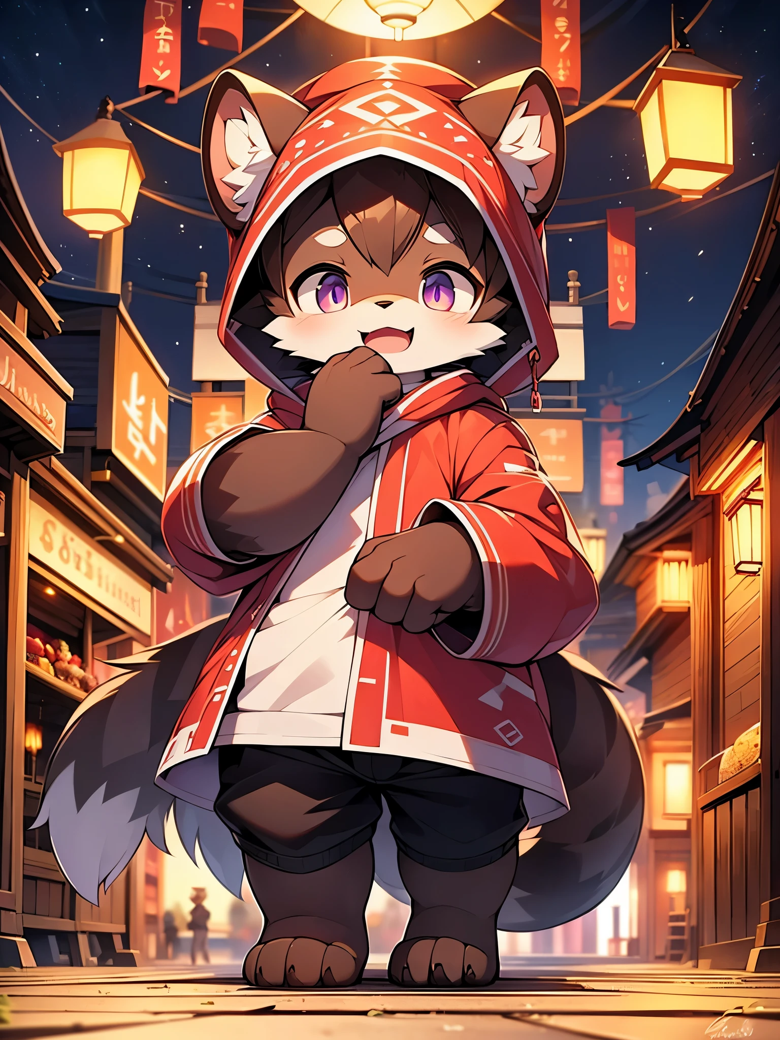 Civet cat, , cute, (solo), (((with brown and white fur))), purple big eyes, blushing face, smiling, opening mouth, red bathrobe, white thong, walking, night, ancient Asian cities, bright street lights, blue and black slate roads, empty streets, starry sky, shadows, fine facial depiction, ((accurate hand depiction)), Rembrandt light and shadow, ultra fine