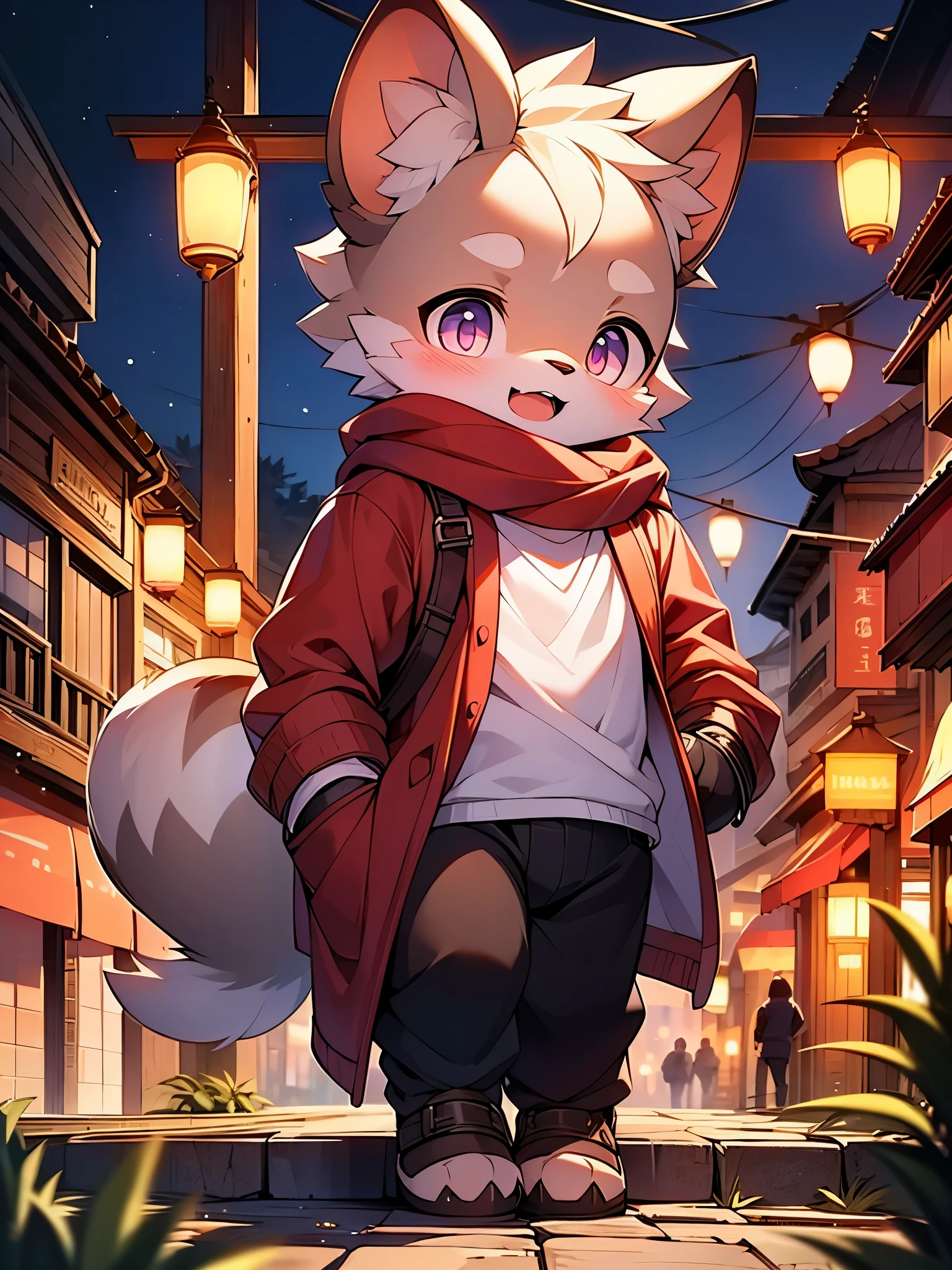 Civet cat, , cute, (solo), (((with brown and white fur))), purple big eyes, blushing face, smiling, opening mouth, red bathrobe, white thong, walking, night, ancient Asian cities, bright street lights, blue and black slate roads, empty streets, starry sky, shadows, fine facial depiction, ((accurate hand depiction)), Rembrandt light and shadow, ultra fine