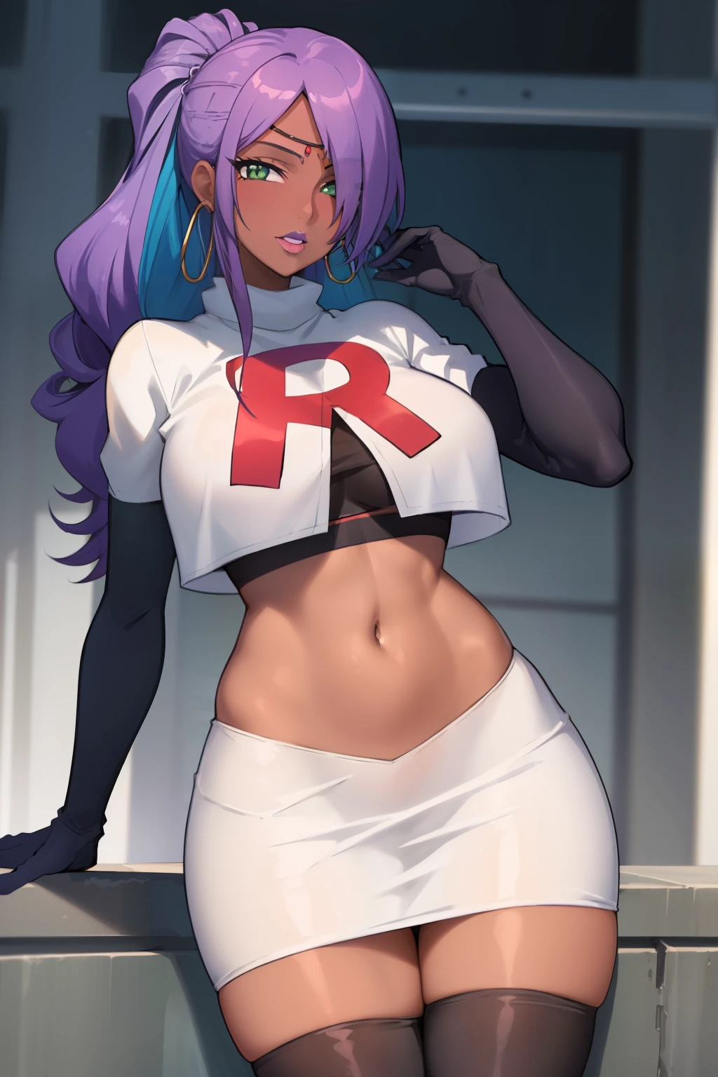 (masterpiece, highres, best quality:1.3), professional artwork, 8K, highly detailed, intricate, vibrant image, sharp focus, trending on pixiv
AishwaryaRay, solo, mature female, 40yo, milf, curvy, (dark skinned female:1.2), (dark skin:1.1), oral invitation, looking at viewer,
purple hair, long hair, ponytail, (hair over one eye:0.8), circlet, purple lips, makeup, green eyes, hoop earrings, chain, perfect eyes, perfect face, ultra detailed hair, detailed face,
(thighs:0.7), team rocket uniform, red letter R, white skirt,white crop top,black thigh-highs, black elbow gloves
