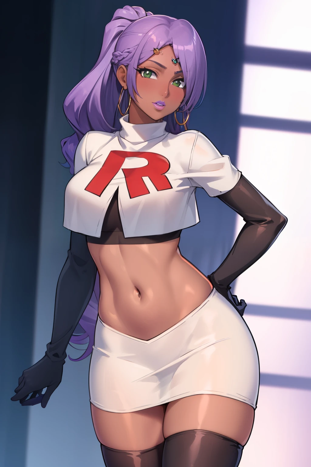 (masterpiece, highres, best quality:1.3), professional artwork, 8K, highly detailed, intricate, vibrant image, sharp focus, trending on pixiv
AishwaryaRay, solo, mature female, 40yo, milf, curvy, (dark skinned female:1.2), (dark skin:1.1), oral invitation, looking at viewer,
purple hair, long hair, ponytail, (hair over one eye:0.8), circlet, purple lips, makeup, green eyes, hoop earrings, chain, perfect eyes, perfect face, ultra detailed hair, detailed face,
(thighs:0.7), team rocket uniform, red letter R, white skirt,white crop top,black thigh-highs, black elbow gloves