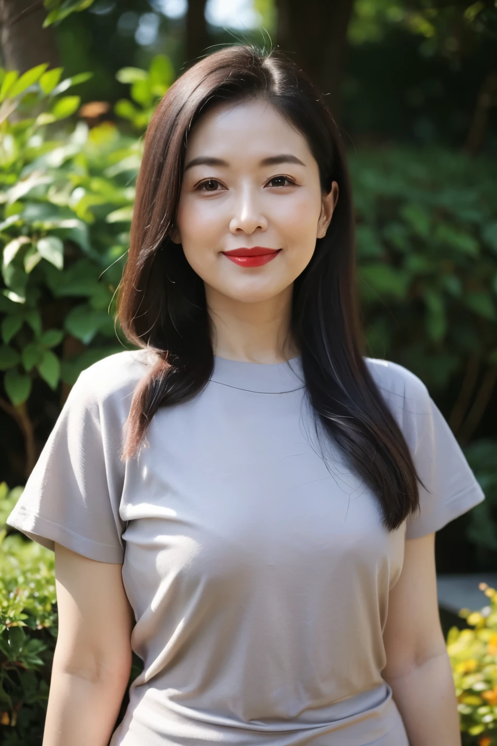 Draw lips correctly, red lipstick, from chest up, best quality, Super detailed, lifelike, Super fine skin, perfect anatomy, (1 日本Mature的女人), (alone),Wearing a gray crew neck sweater dress,short sleeve,wavy long hair,37-year-old female,Mature,charming smile,garden background,stand,Slightly fat,medium chest,intact finger,full-body shot。